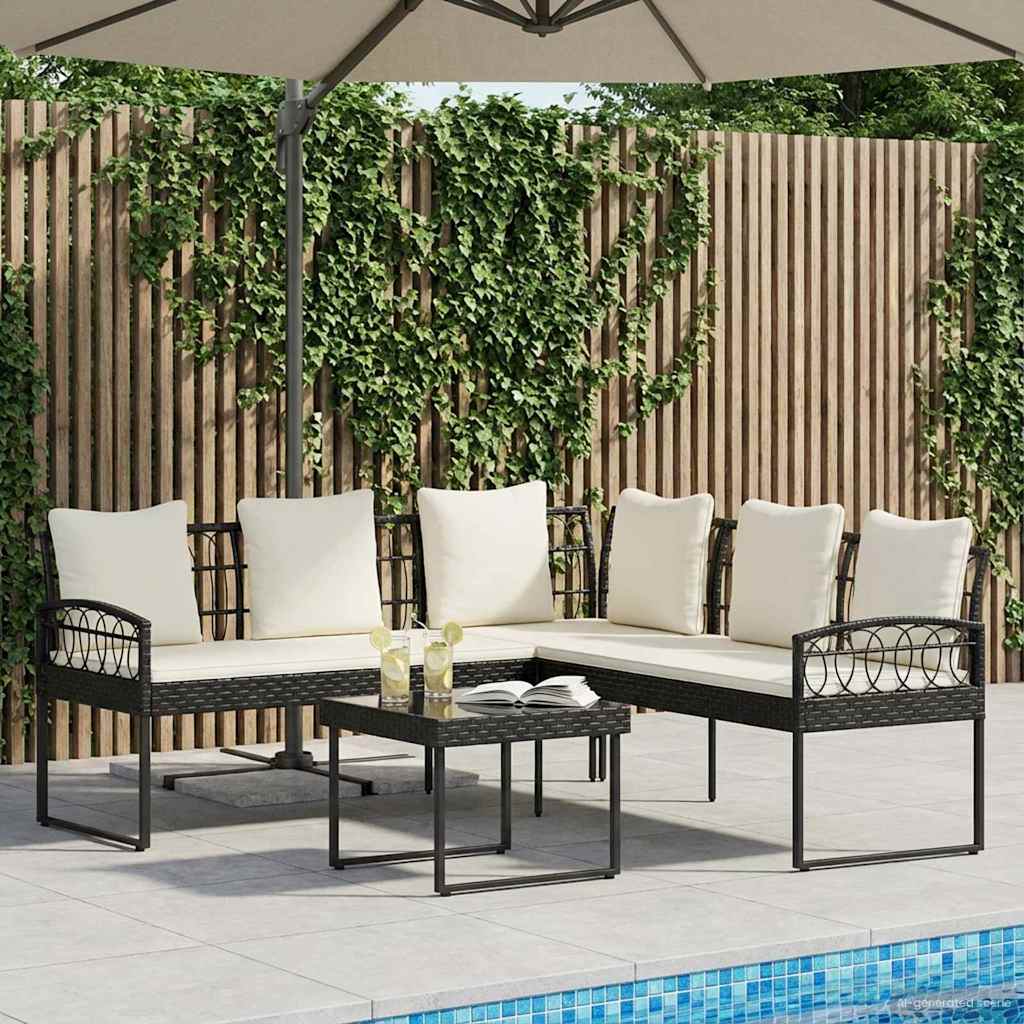 Gartensofa-set 2 Stk. Schwarz und Creme Poly Rattan Stahl