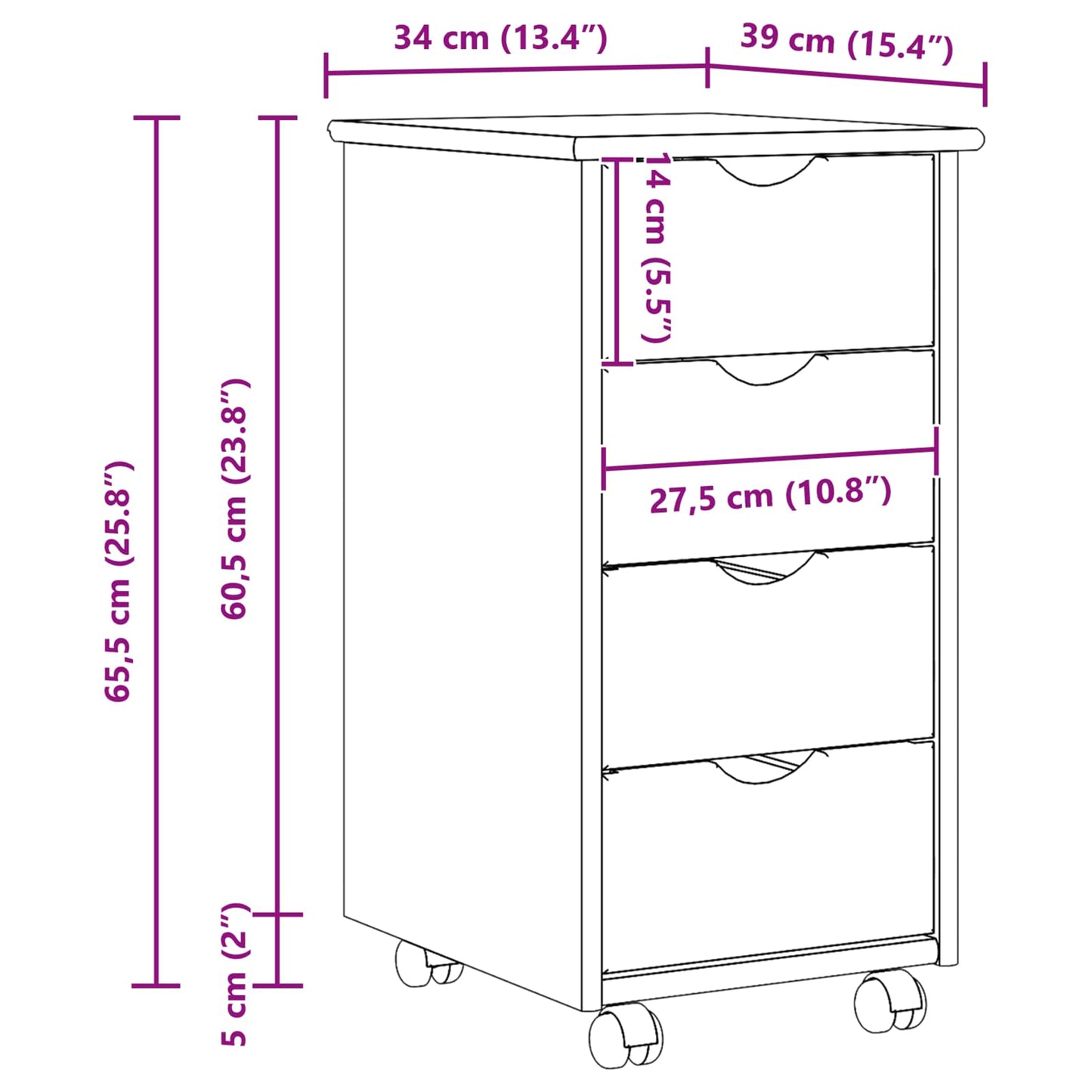 Rollschrank 34 x 39 x 65,5 cm Massivholz Kiefer Schwarz