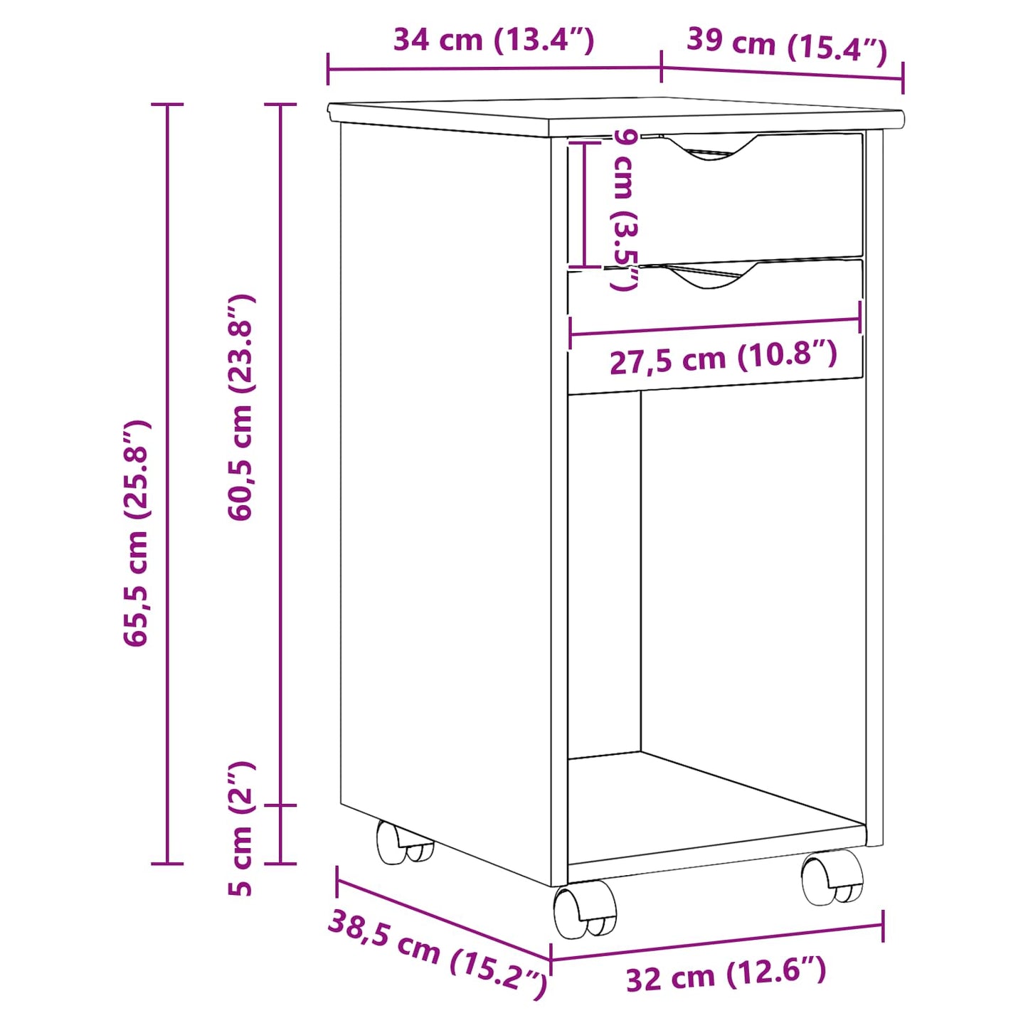 Rollschrank 34 x 39 x 65,5 cm Massives Kiefernholz Grau