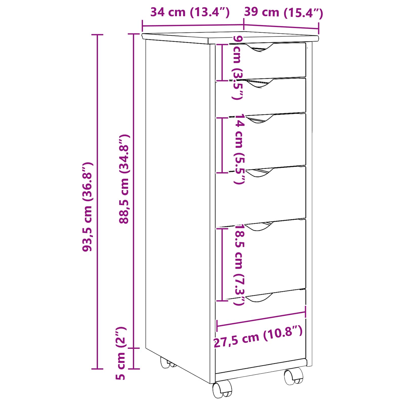 Rollschrank 34 x 39 x 93,5 cm Massivholz Kiefer Weiß