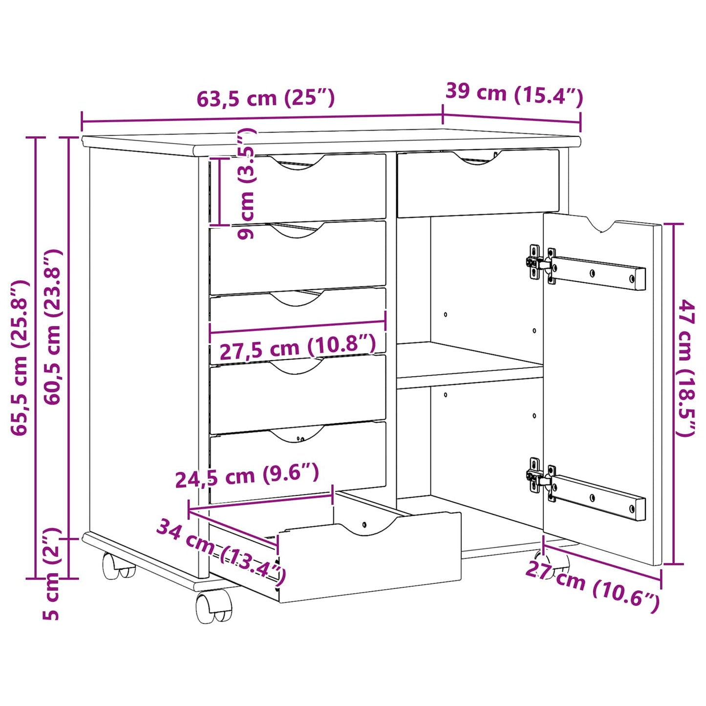 Rollschrank 63,5 x 39 x 65,5 cm Massivholz Kiefer Honigbraun