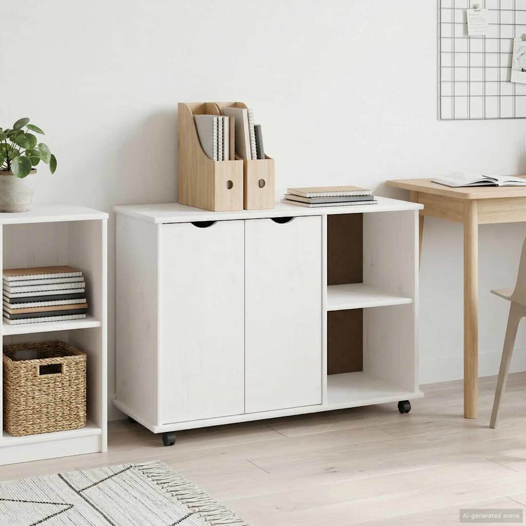 Rollschrank Mit Rad Weiß 100 x 39 x 65,5 cm Massivholz Kiefer