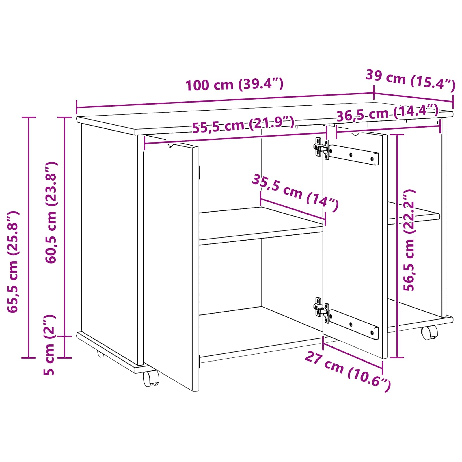 Rollschrank Mit Rad Weiß 100 x 39 x 65,5 cm Massivholz Kiefer