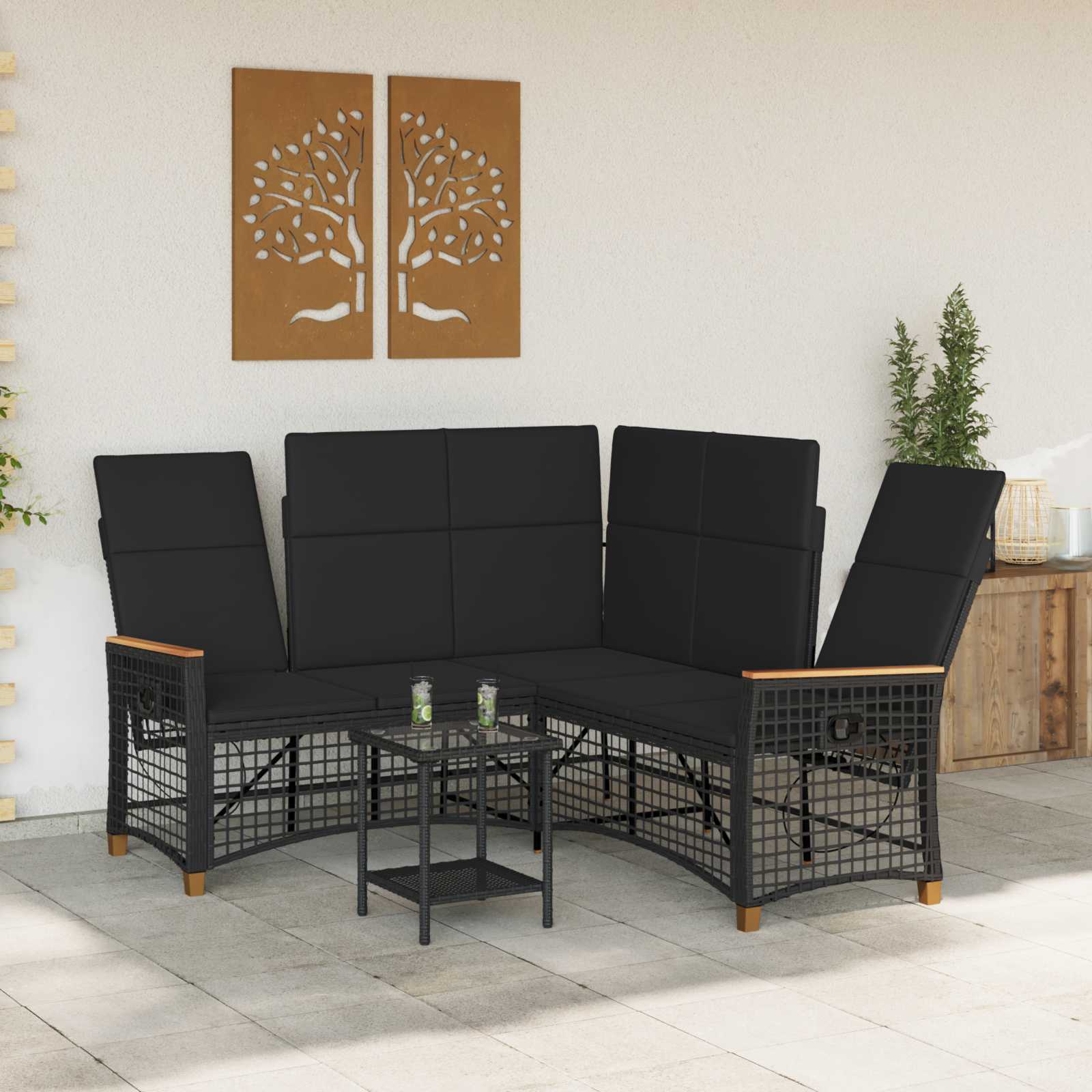 Garten Liegesofa Set 5-Sitzanzahl Schwarz Polyrattan und Stahl