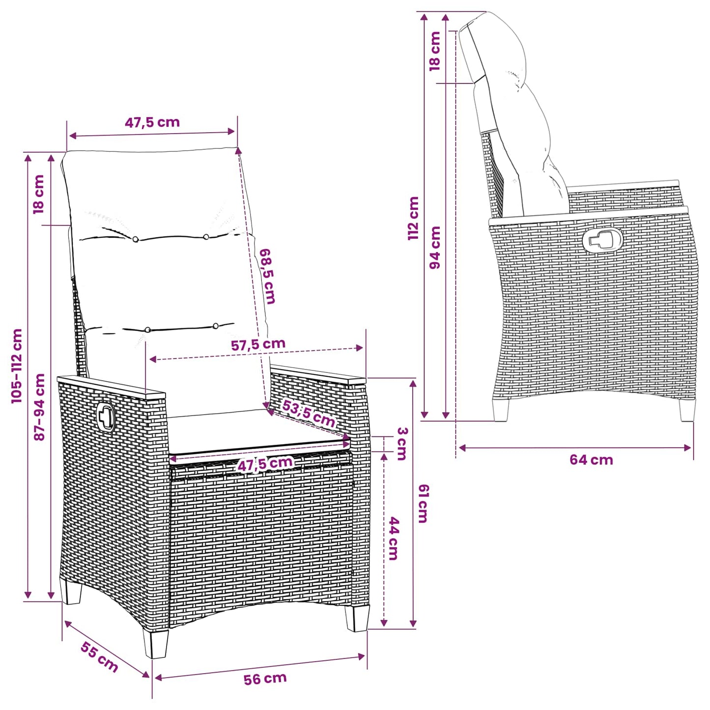 Verstellbarer Gartenstuhl Beige und Creme 64 x 57,5 x 112 cm