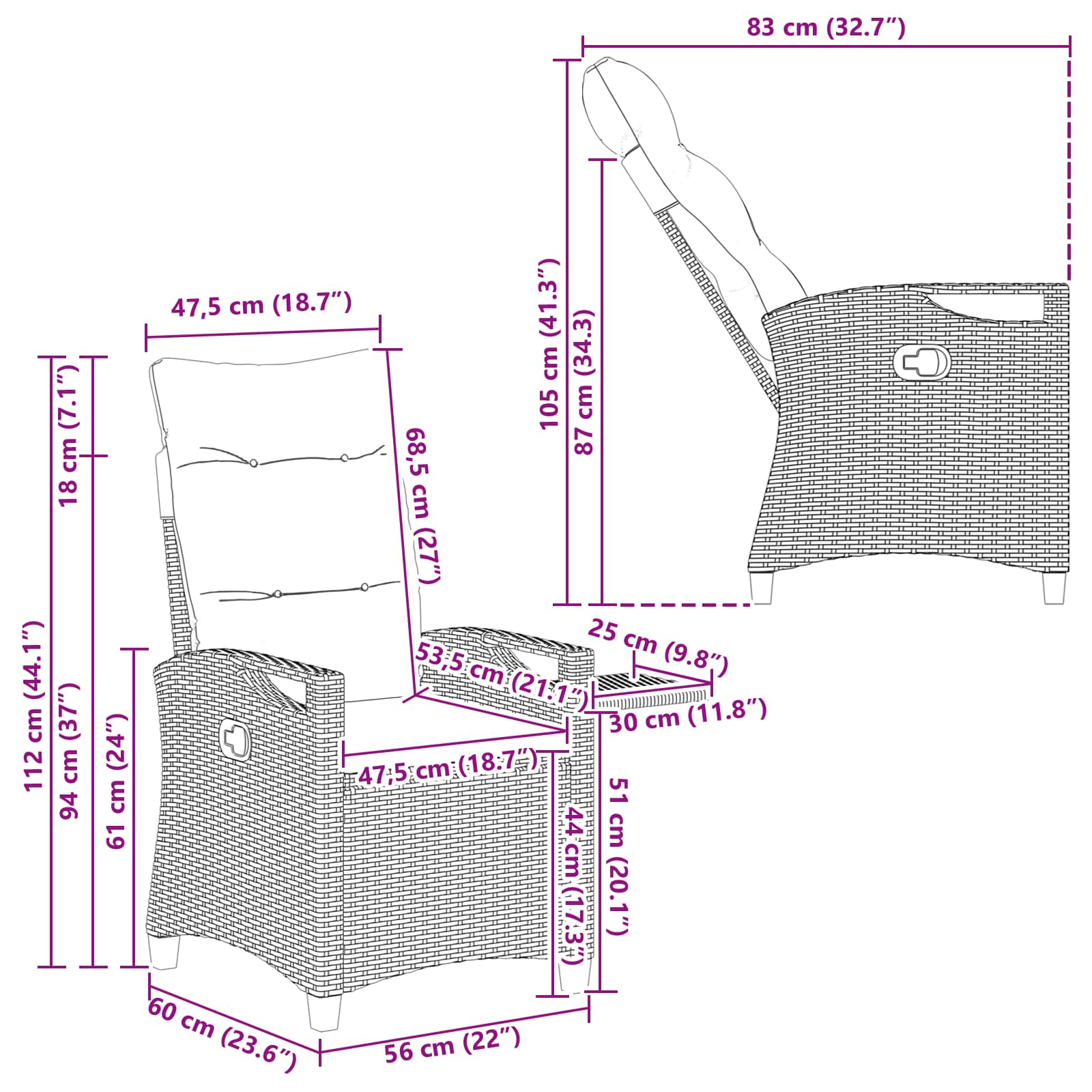 Verstellbarer Gartenstuhl Schwarz 56 x 60 x 112 cm Poly-Rattan