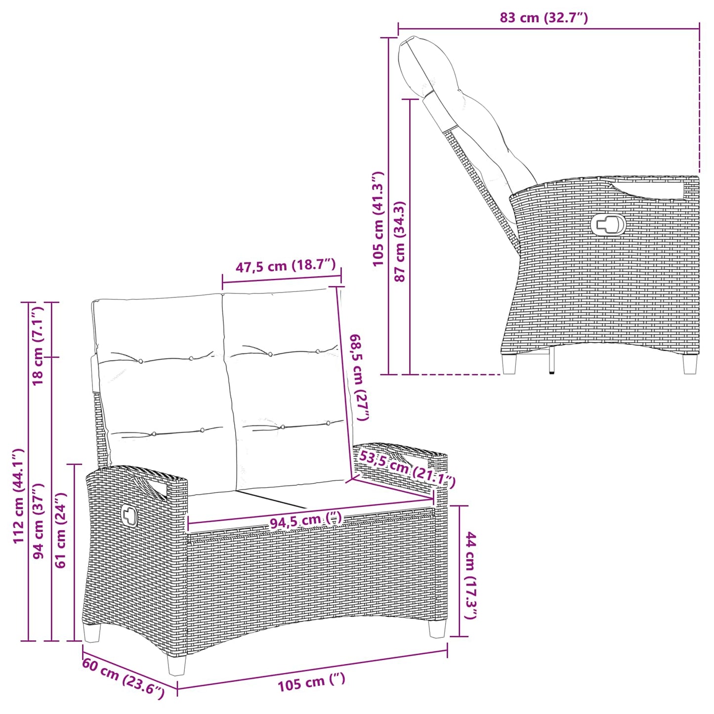 Gartenbank Schwarz 105 x 60 x 112 cm Stahl und Polyester