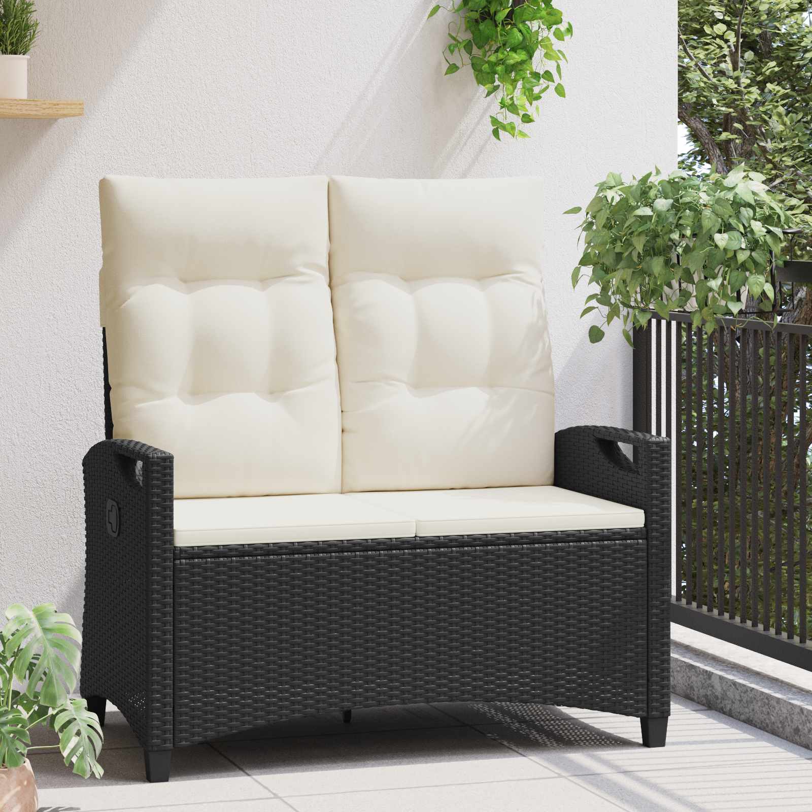 Gartenbank mit Kissen Schwarz und Creme 105 x 60 x 112 cm