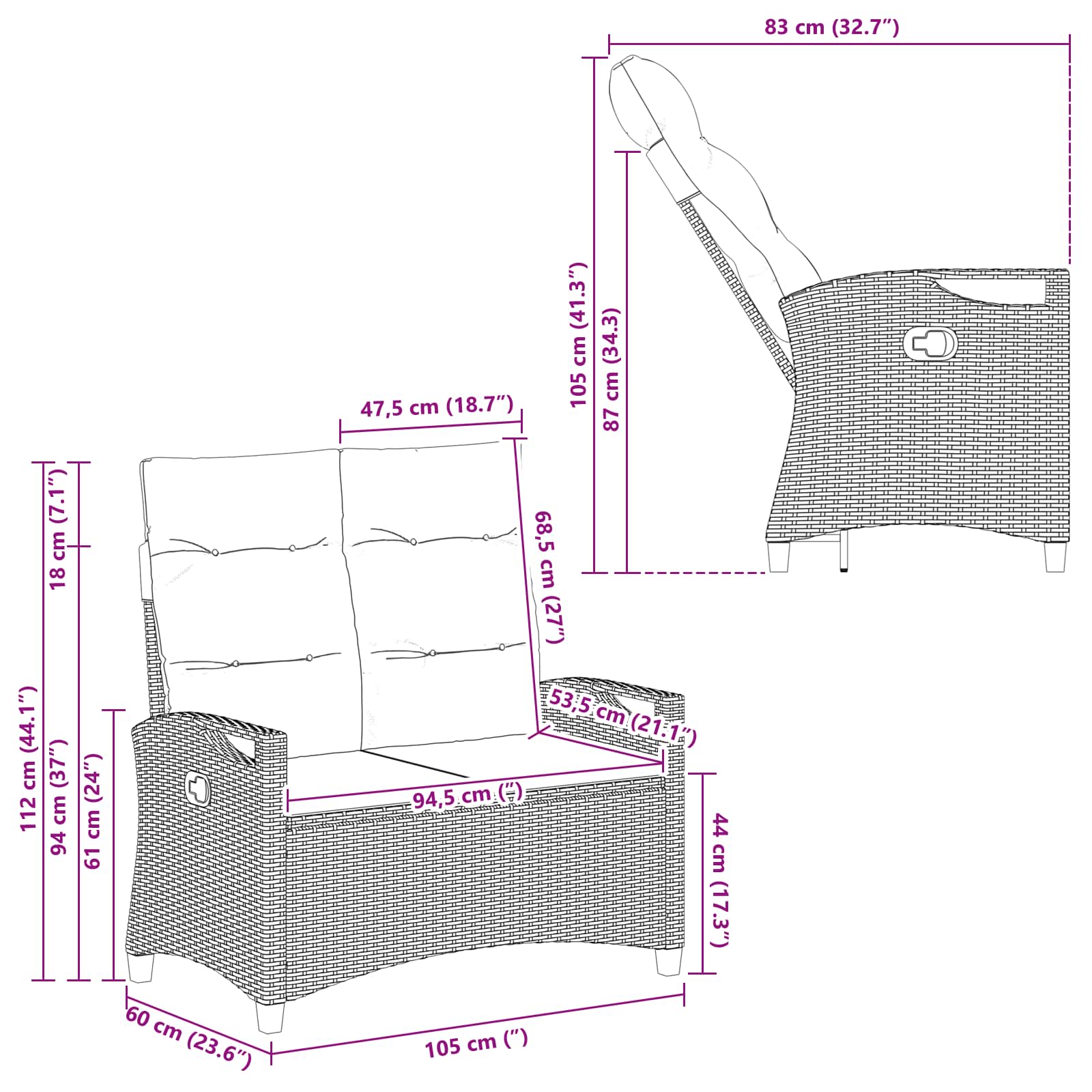 Gartenbank mit Kissen Grau und Dunkelgrau 105 x 60 x 112 cm