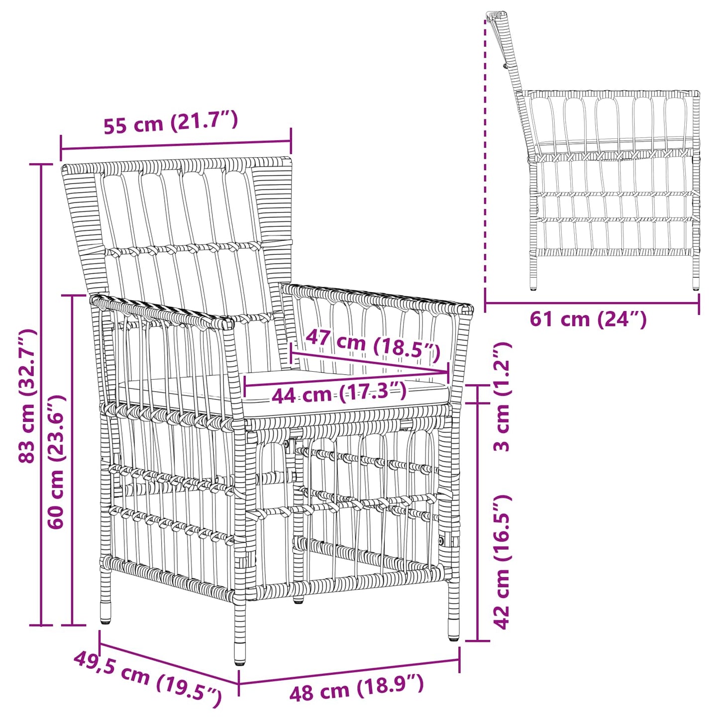 Gartenstühle 2 Stk. Natur PE Rattan, Stahl und Polyesterstoff