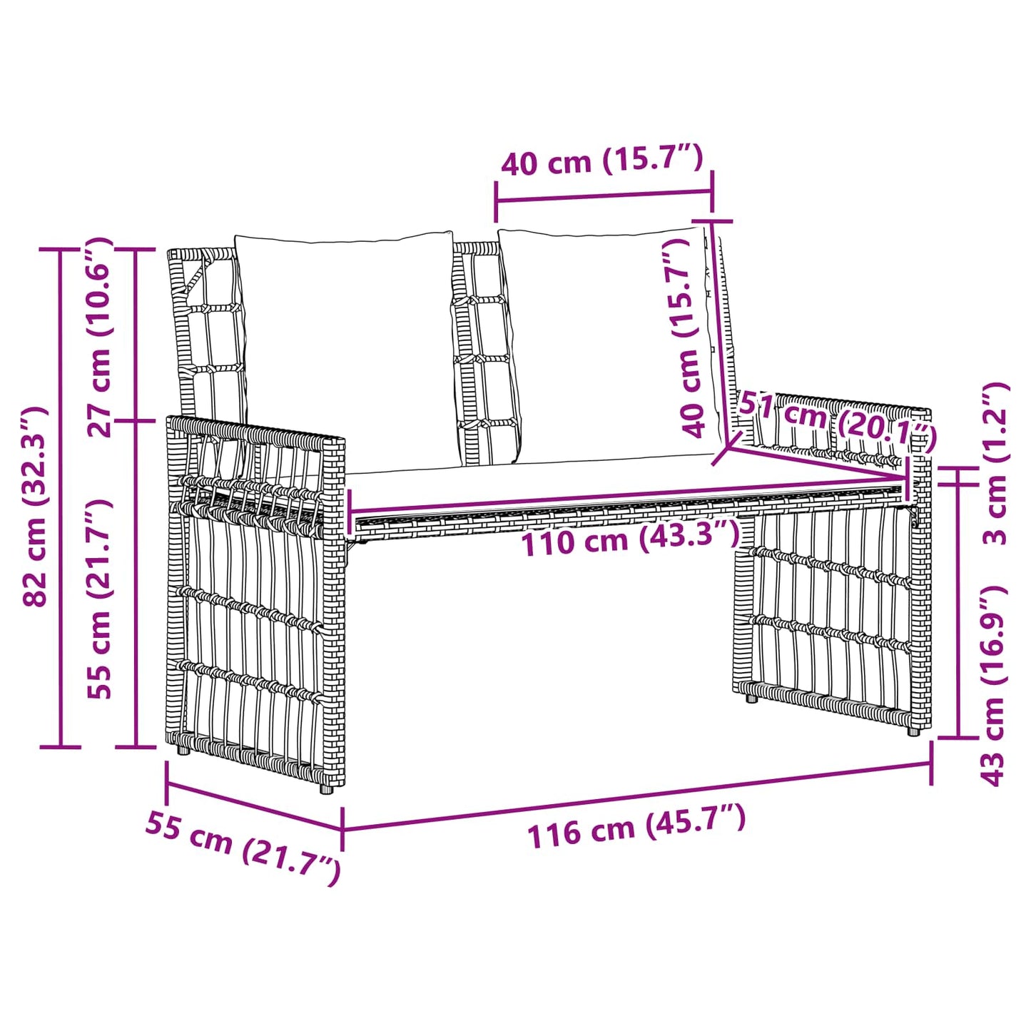 Bank Outdoor 2 -Seater 116 x 55 x 82 cm Steel and Poly Rattan
