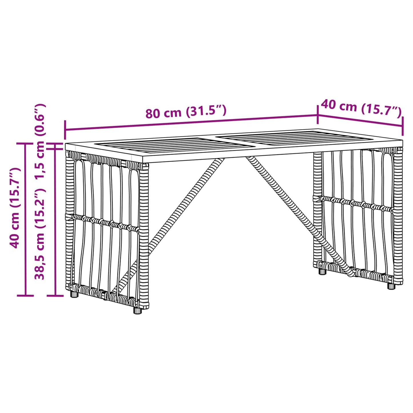 Tisch für Outdoor Natur 80 x 40 x 40 cm Steel and Poly Rattan