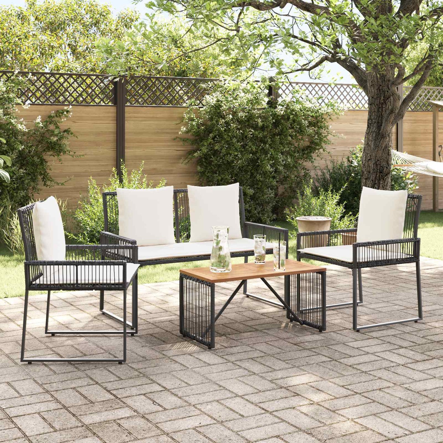 Gartenmöbel Set 4 pcs Schwarz und Cremeweiß Poly-Rattan