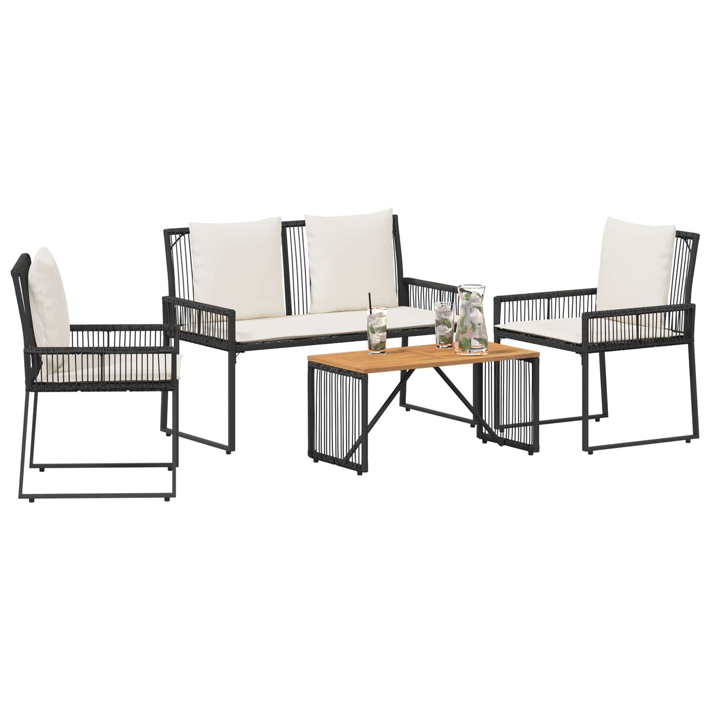 Gartenmöbel Set 4 pcs Schwarz und Cremeweiß Poly-Rattan