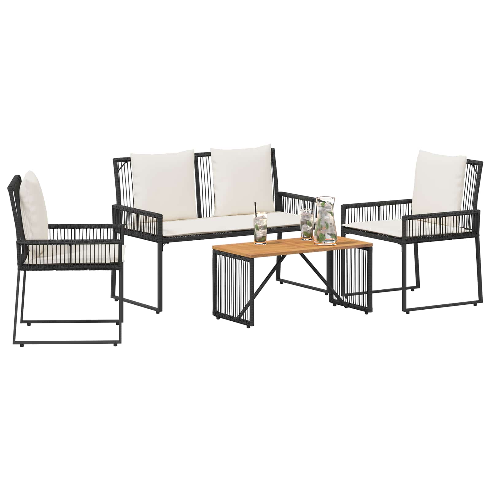 Gartenmöbel Set 4 pcs Schwarz und Cremeweiß Poly-Rattan