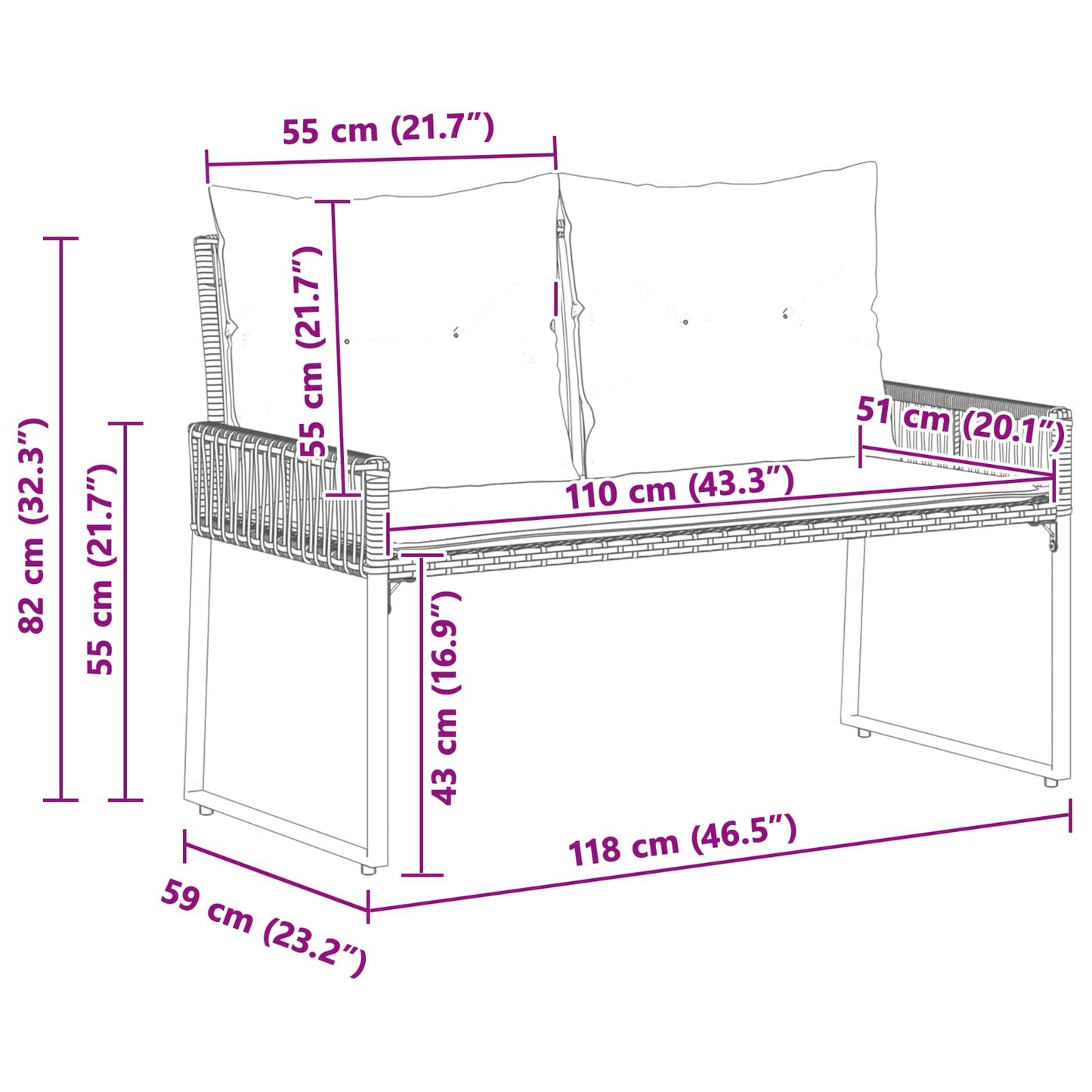 Bank Outdoor 2 -Seater 4 Stk. 110 x 59 x 82 cm Poly-Rattan