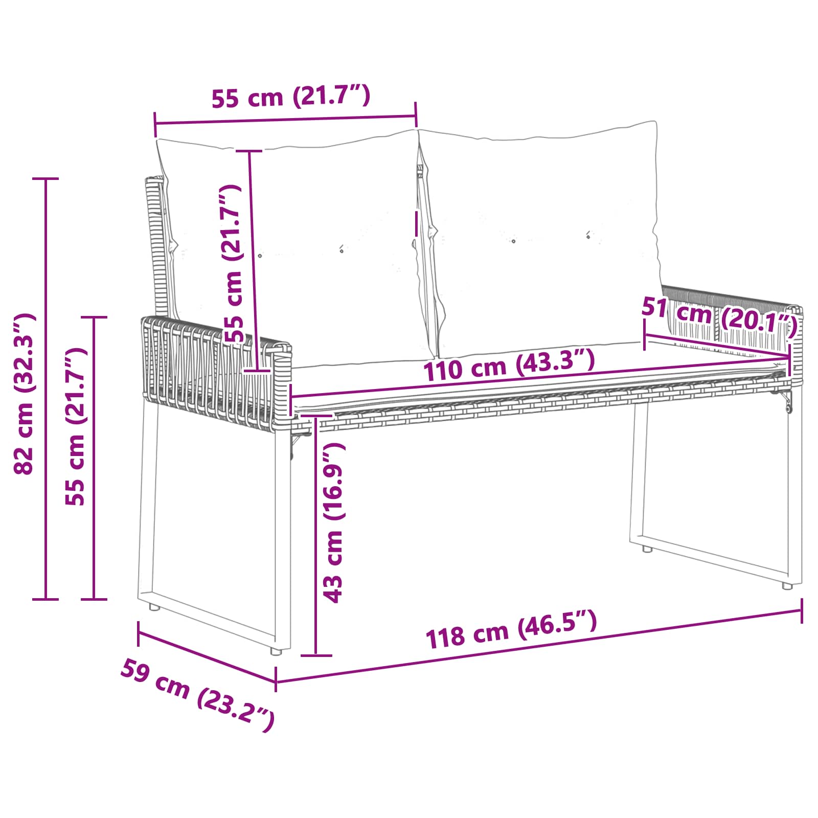Bank Outdoor 2 -Seater 4 Stk. 110 x 59 x 82 cm Poly-Rattan