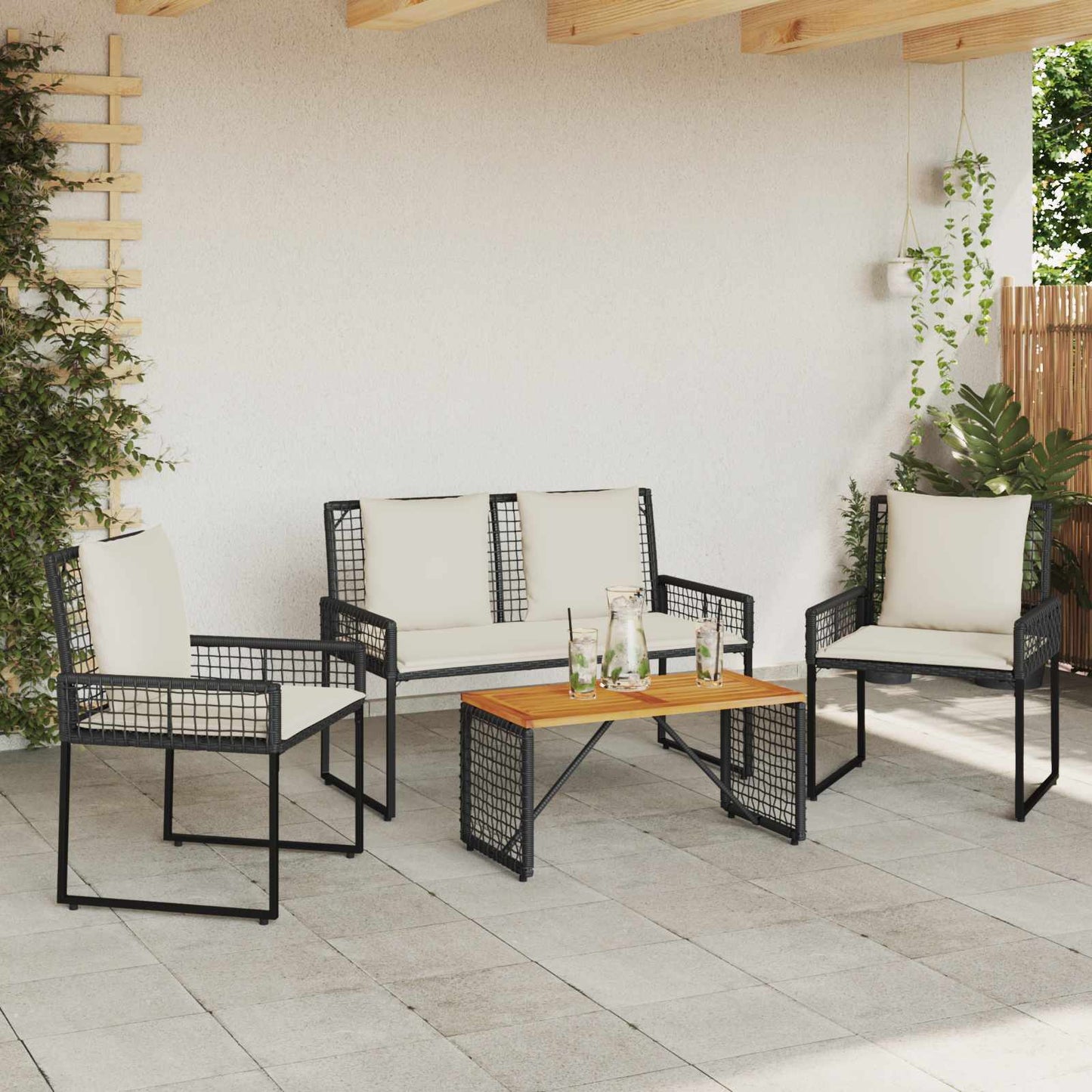 Gartenmöbel Set 4 Stk. Schwarz und Cremeweiß