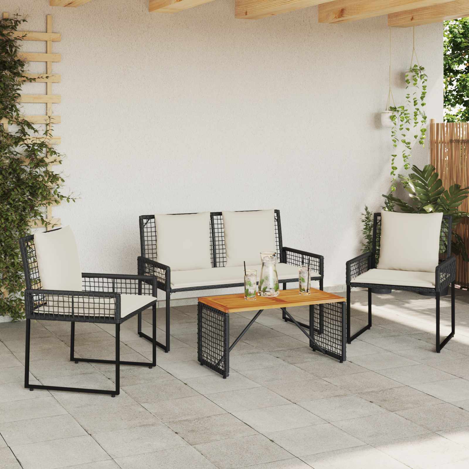 Gartenmöbel Set 4 Stk. Schwarz und Cremeweiß