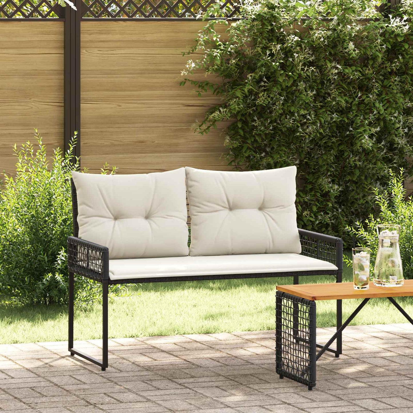Bank Outdoor mit Kissen Schwarz und Cremeweiß 118 x 55 x 82 cm