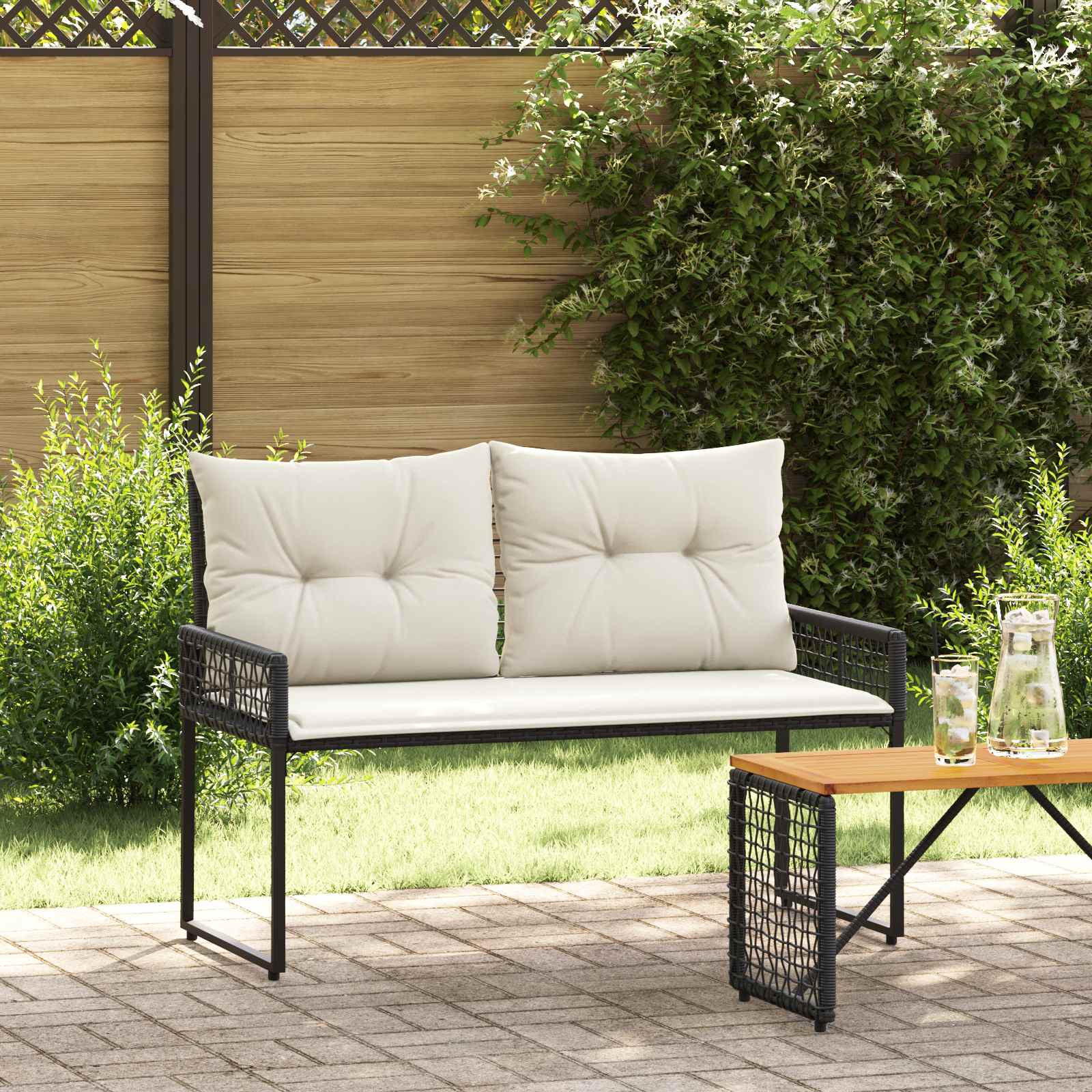 Bank Outdoor mit Kissen Schwarz und Cremeweiß 118 x 55 x 82 cm
