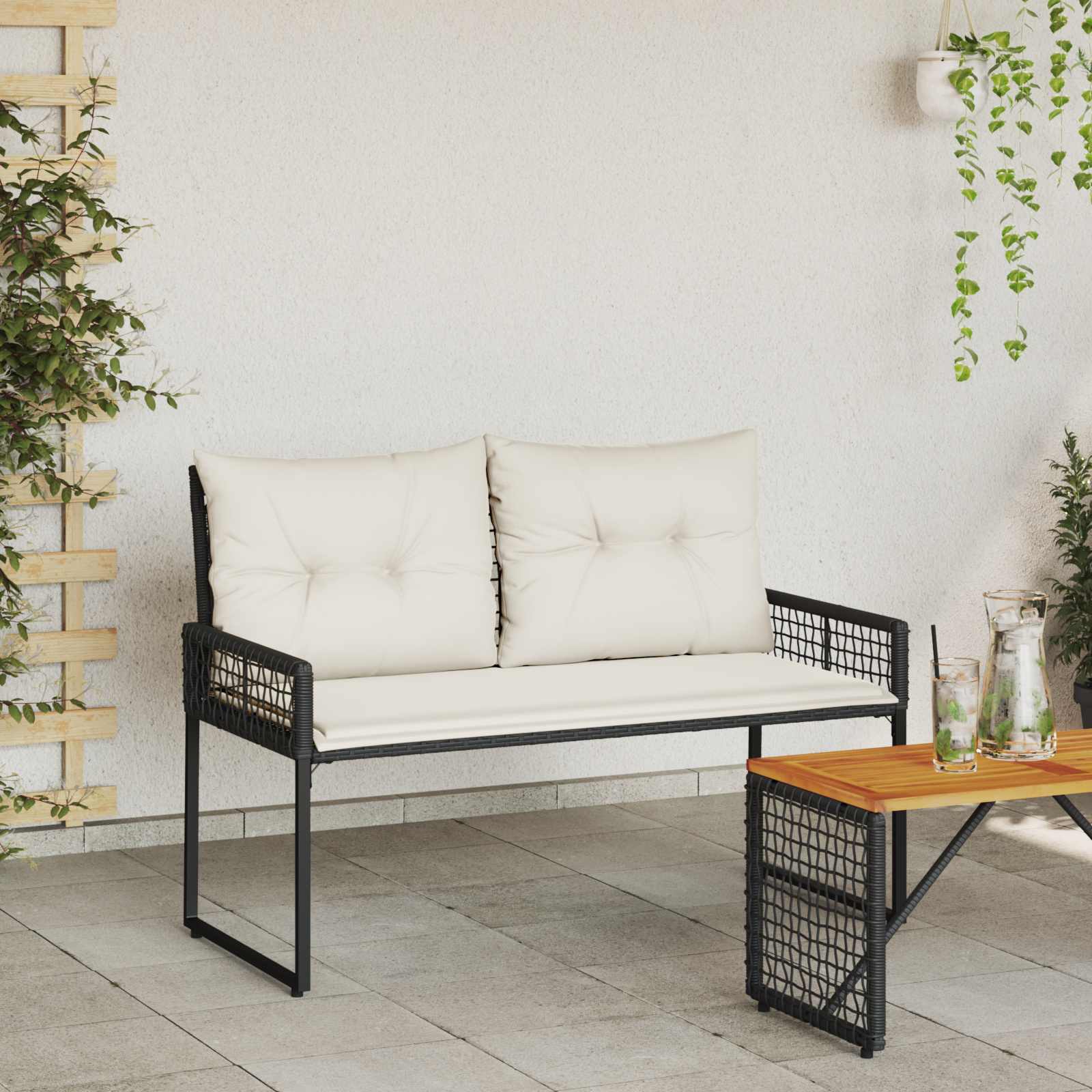 Bank Outdoor mit Kissen Schwarz und Cremeweiß 118 x 55 x 82 cm