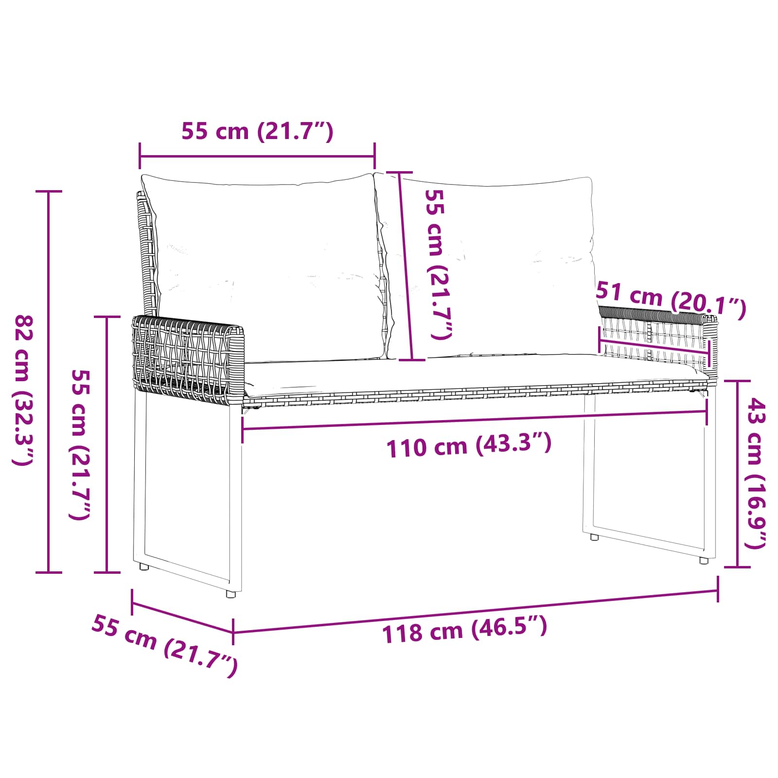 Bank Outdoor Grau 118 x 55 x 82 cm PE-Rattan und Stoff