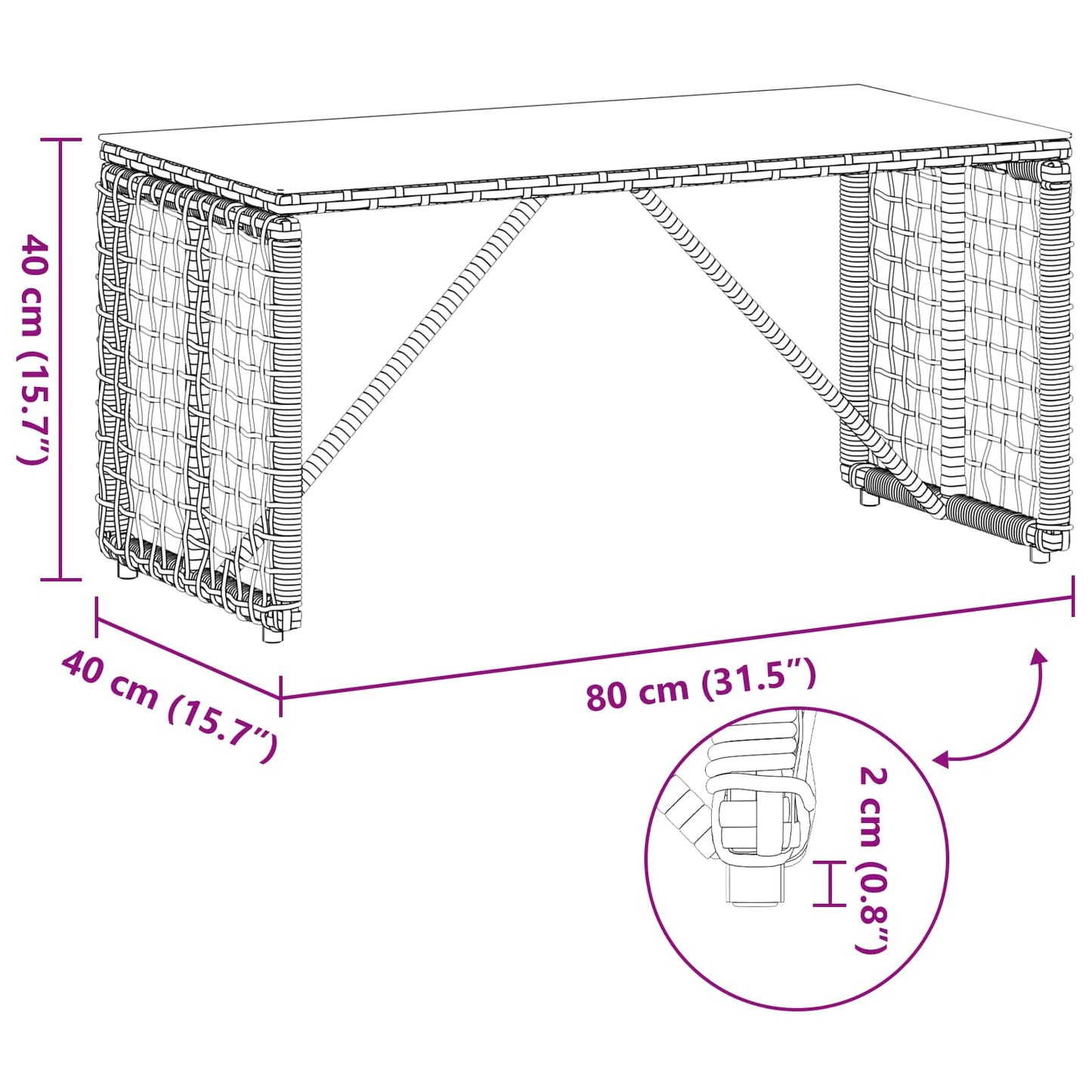 Tisch für Outdoor Schwarz 80 x 40 x 40 cm PE Rattan und Glas