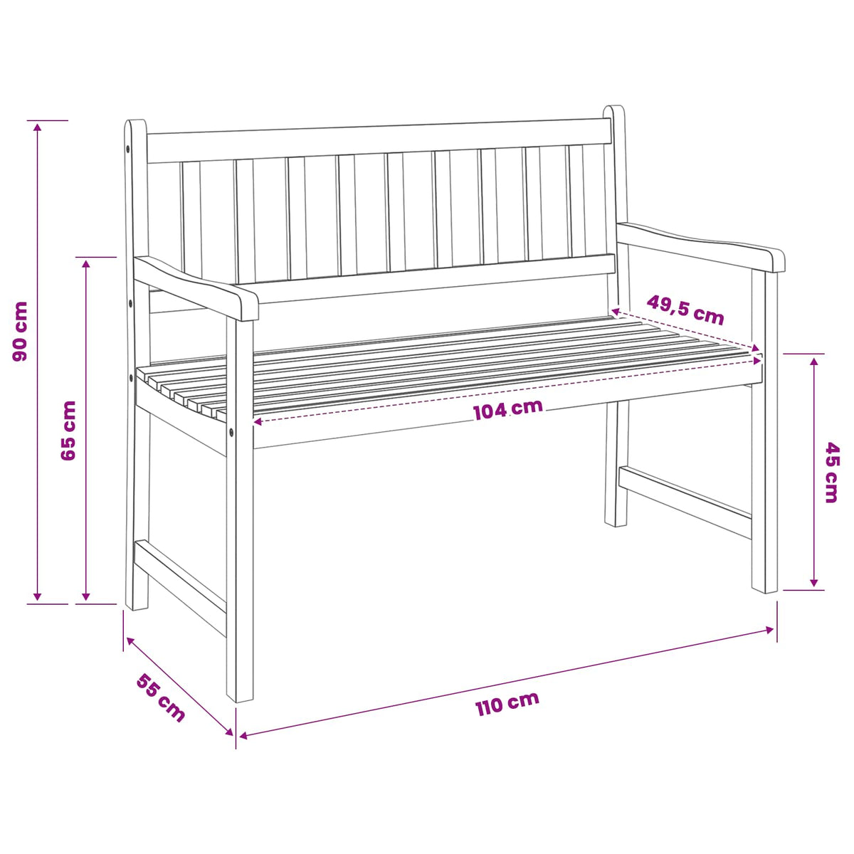 Gartenbank 2-Sitzanzahl 110 x 55 x 90 cm Massivholz Akazie