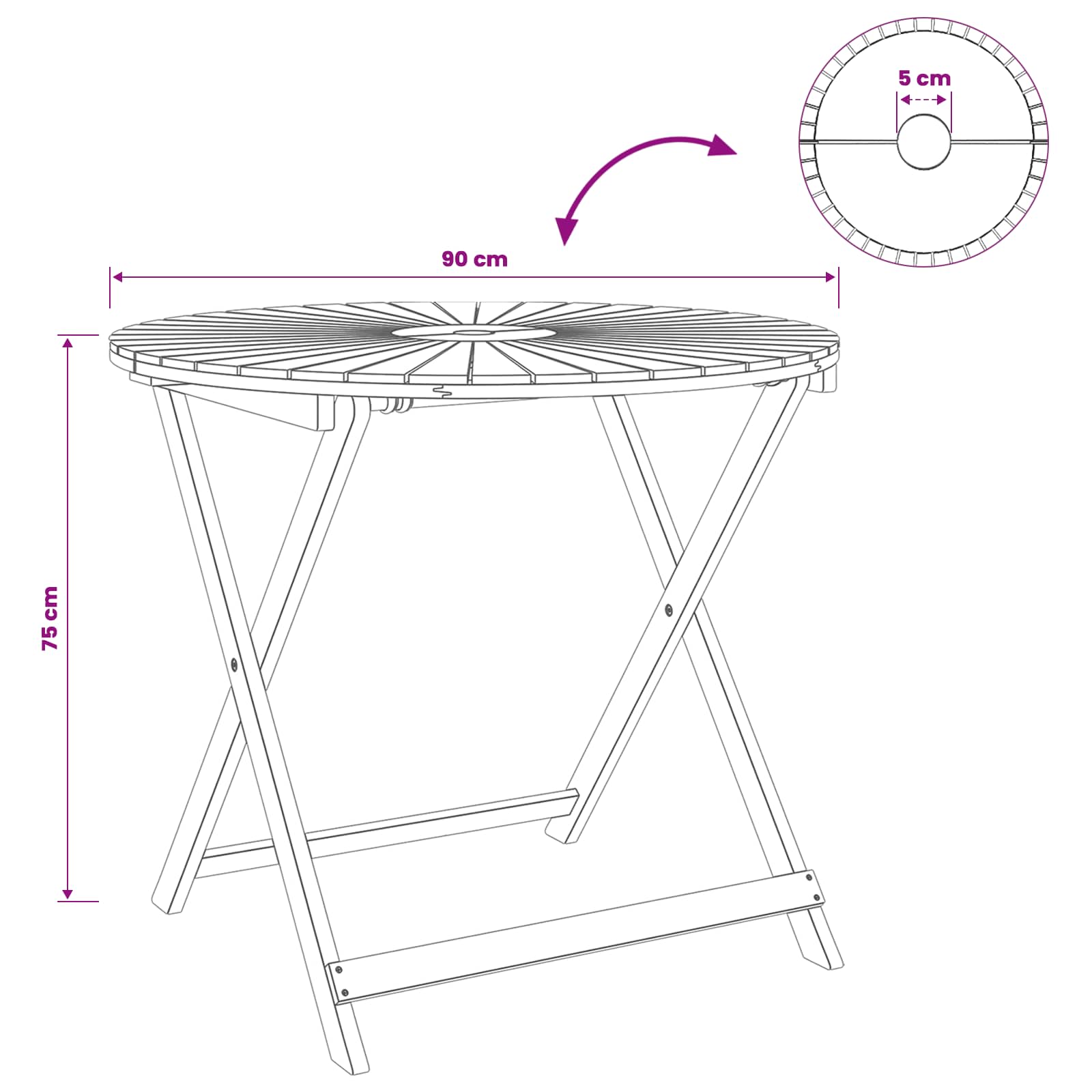 Klappbarer Gartentisch Natur Ø90 x 75 cm Massivholz Akazie