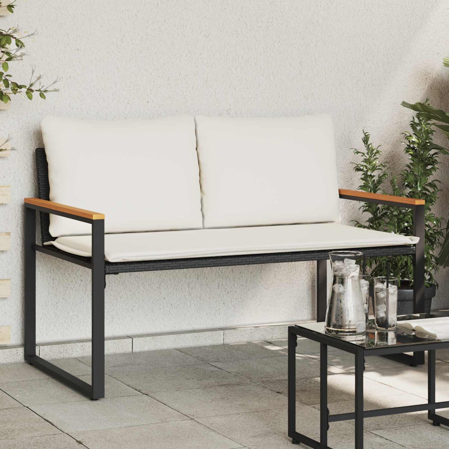 Bank mit Kissen Schwarz und Cremeweiß 115 x 65 x 72 cm Rattan