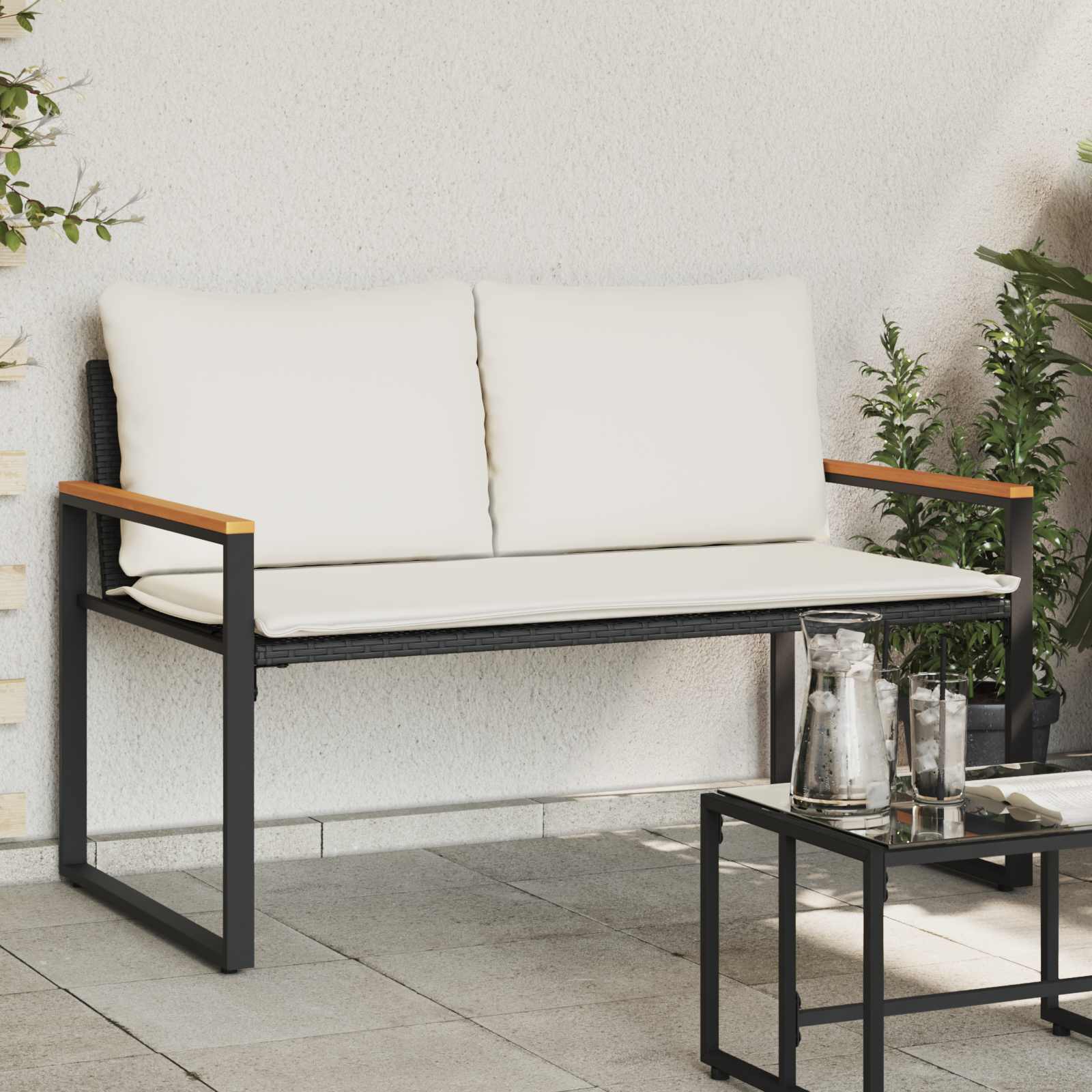 Bank mit Kissen Schwarz und Cremeweiß 115 x 65 x 72 cm Rattan
