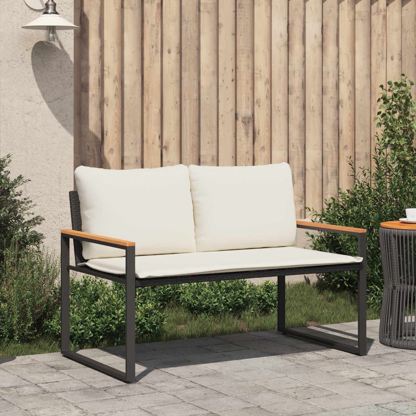 Bank mit Kissen Schwarz und Cremeweiß 115 x 65 x 72 cm Rattan