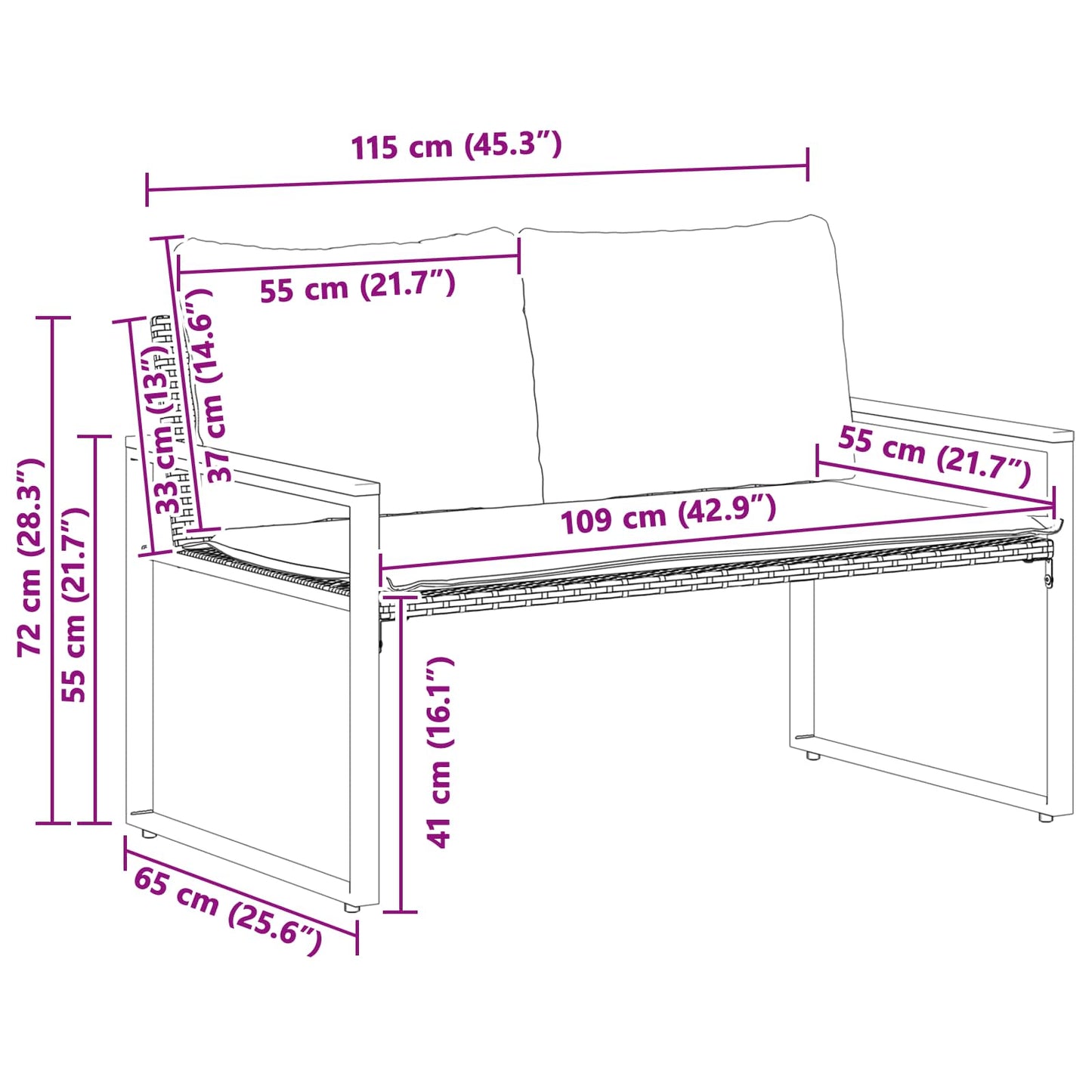 Bank mit Kissen Schwarz und Cremeweiß 115 x 65 x 72 cm Rattan