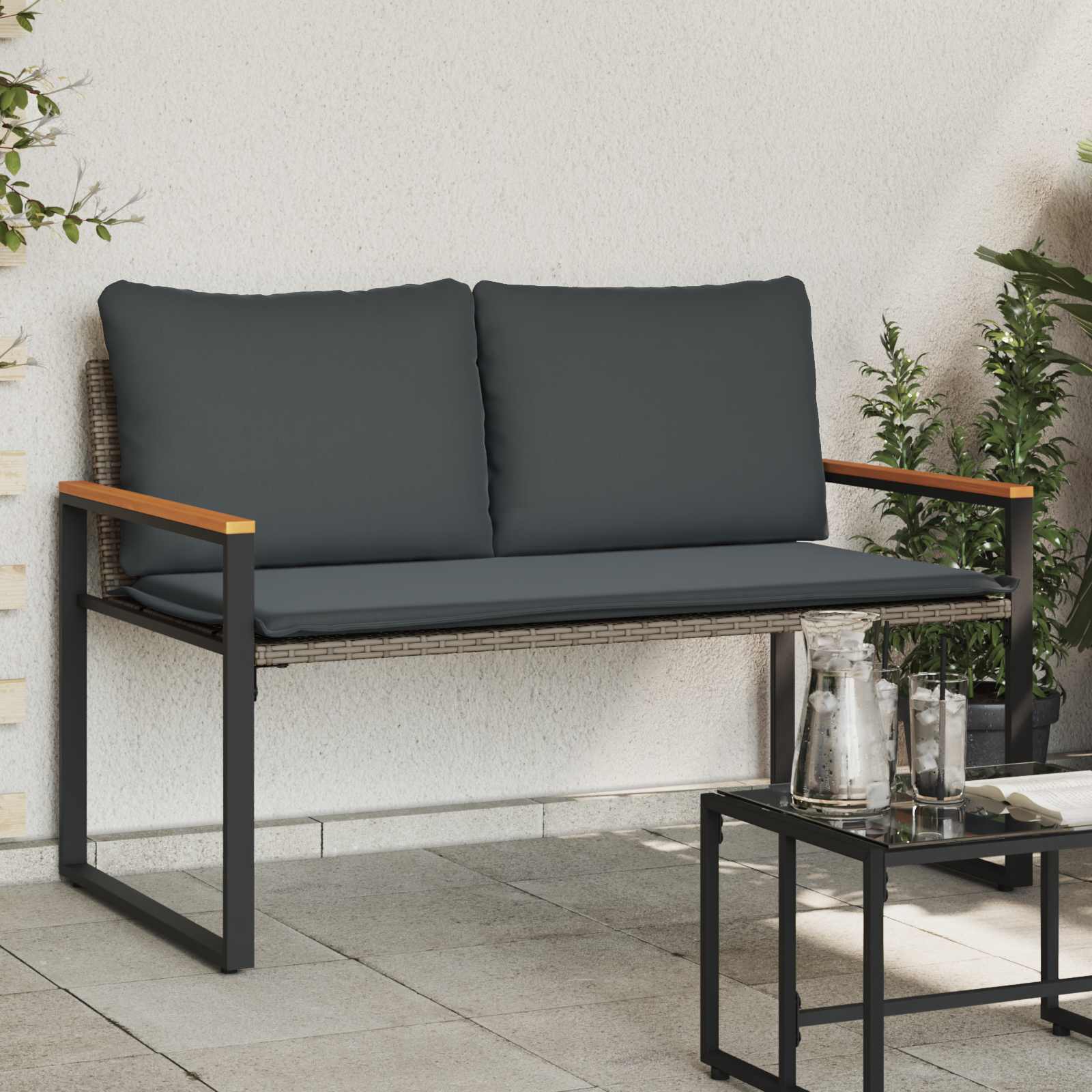 Bank mit Kissen Grau und Dunkelgrau 115 x 65 x 72 cm Rattan