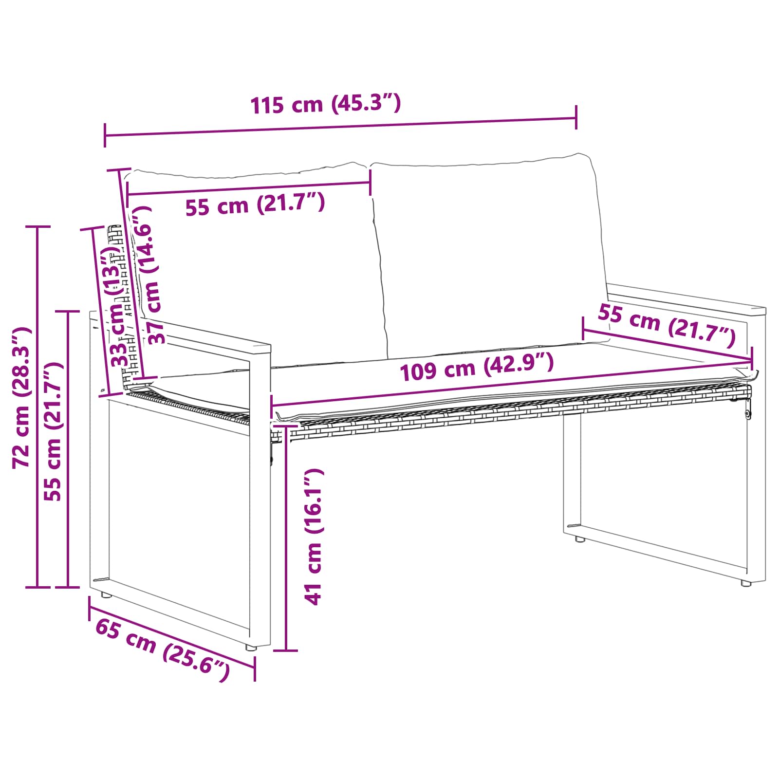 Bank mit Kissen Grau und Dunkelgrau 115 x 65 x 72 cm Rattan
