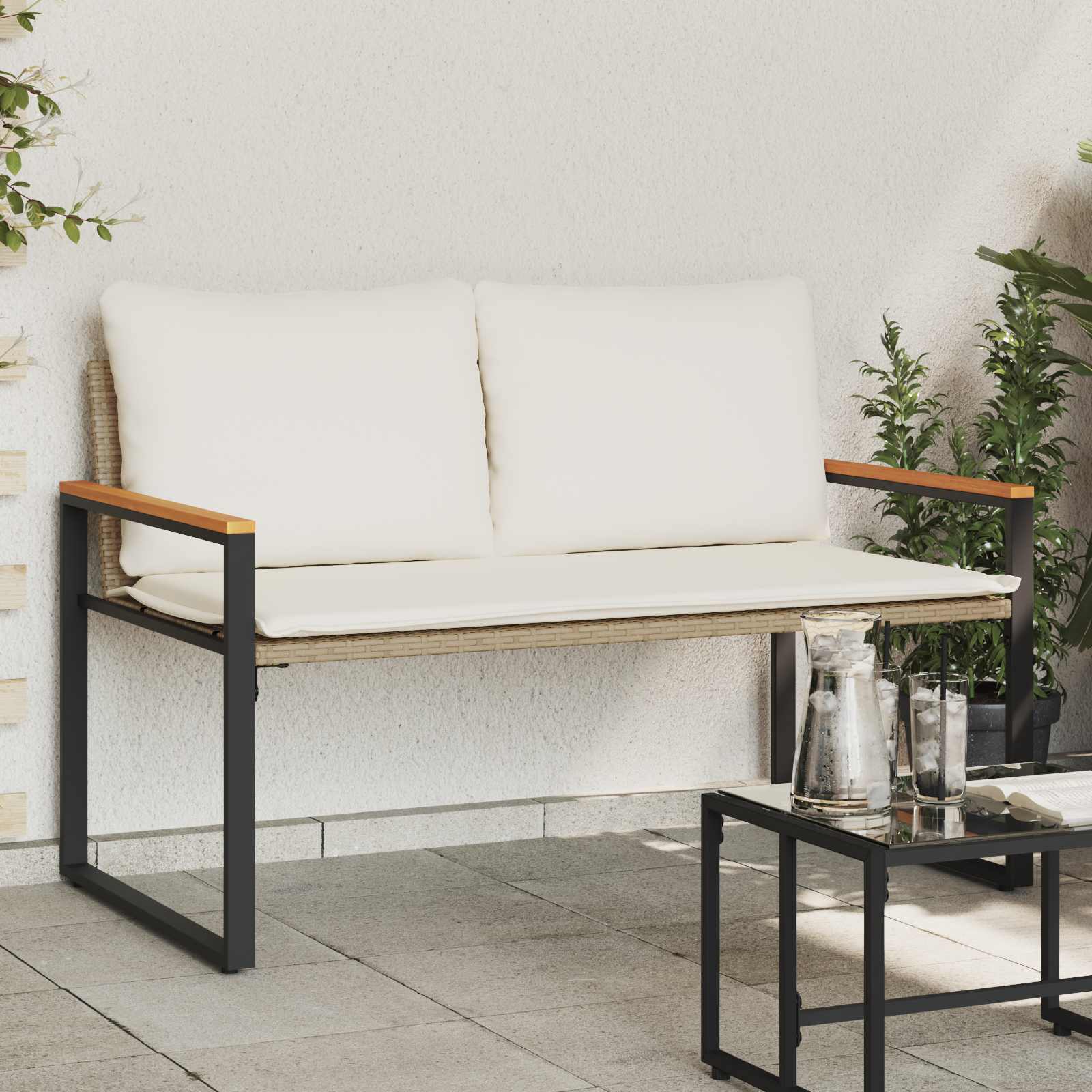 Bank mit Kissen Beige und Cremeweiß 115 x 65 x 72 cm Rattan