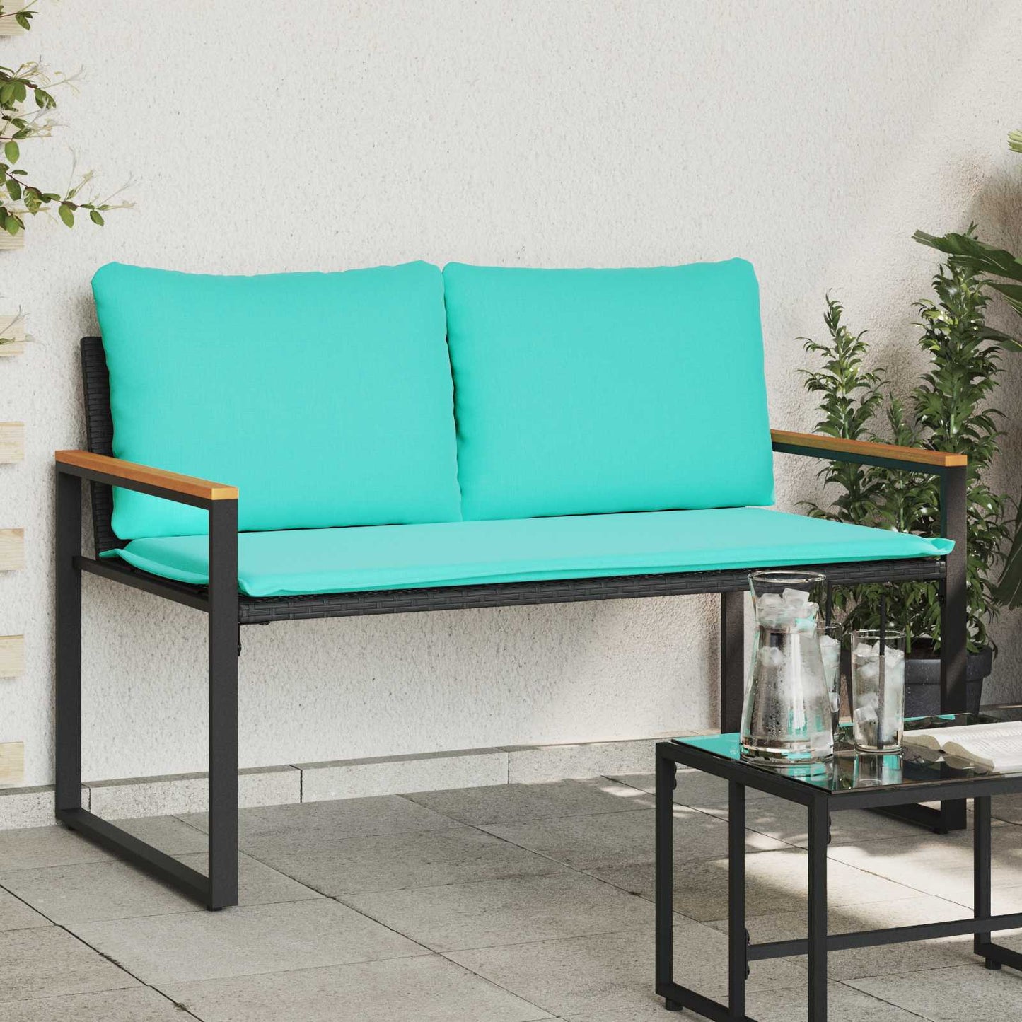 Bank mit Kissen Schwarz und Türkis 115 x 65 x 72 cm Rattan