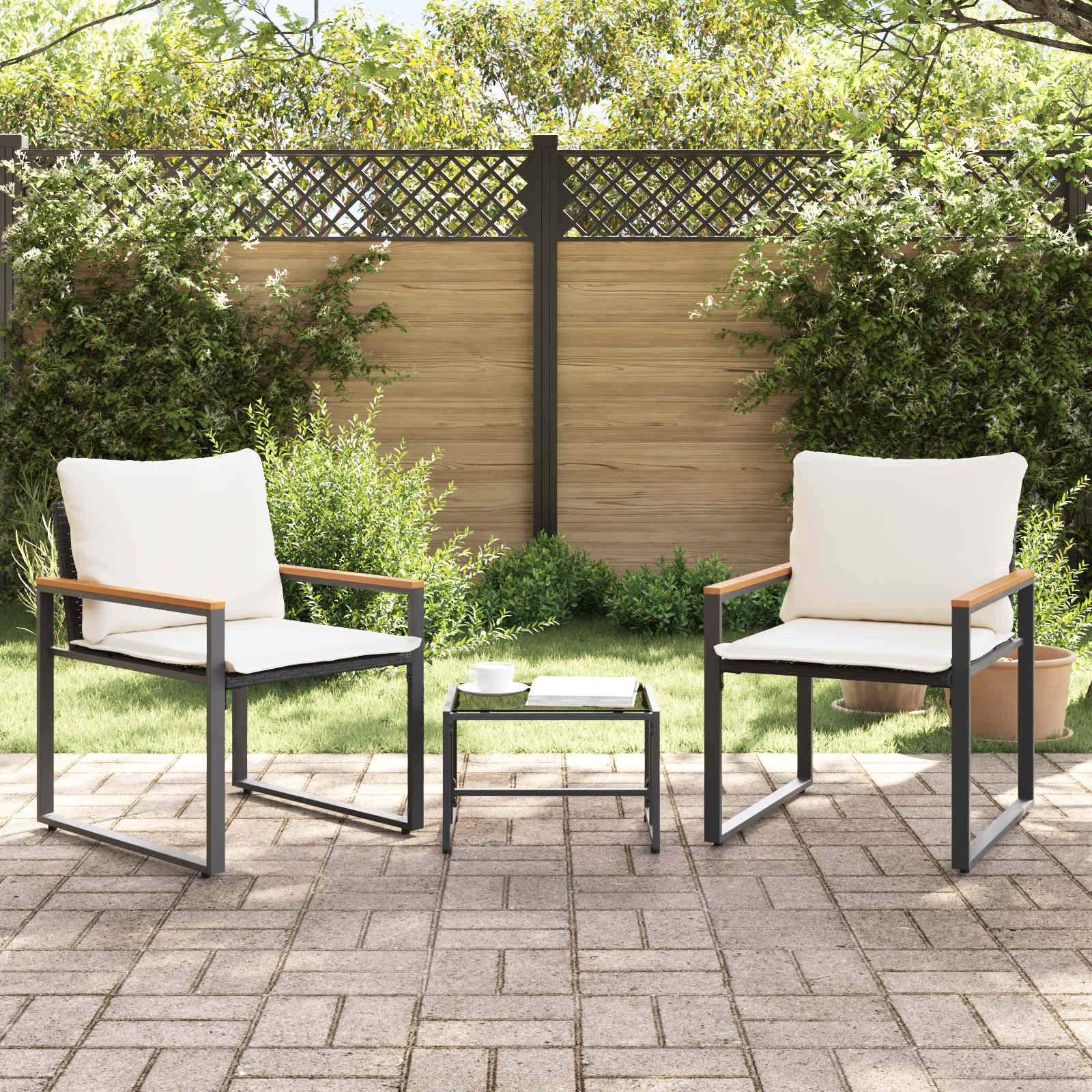 Möbelsets 3 stk. Schwarz und Cremeweiß Rattan