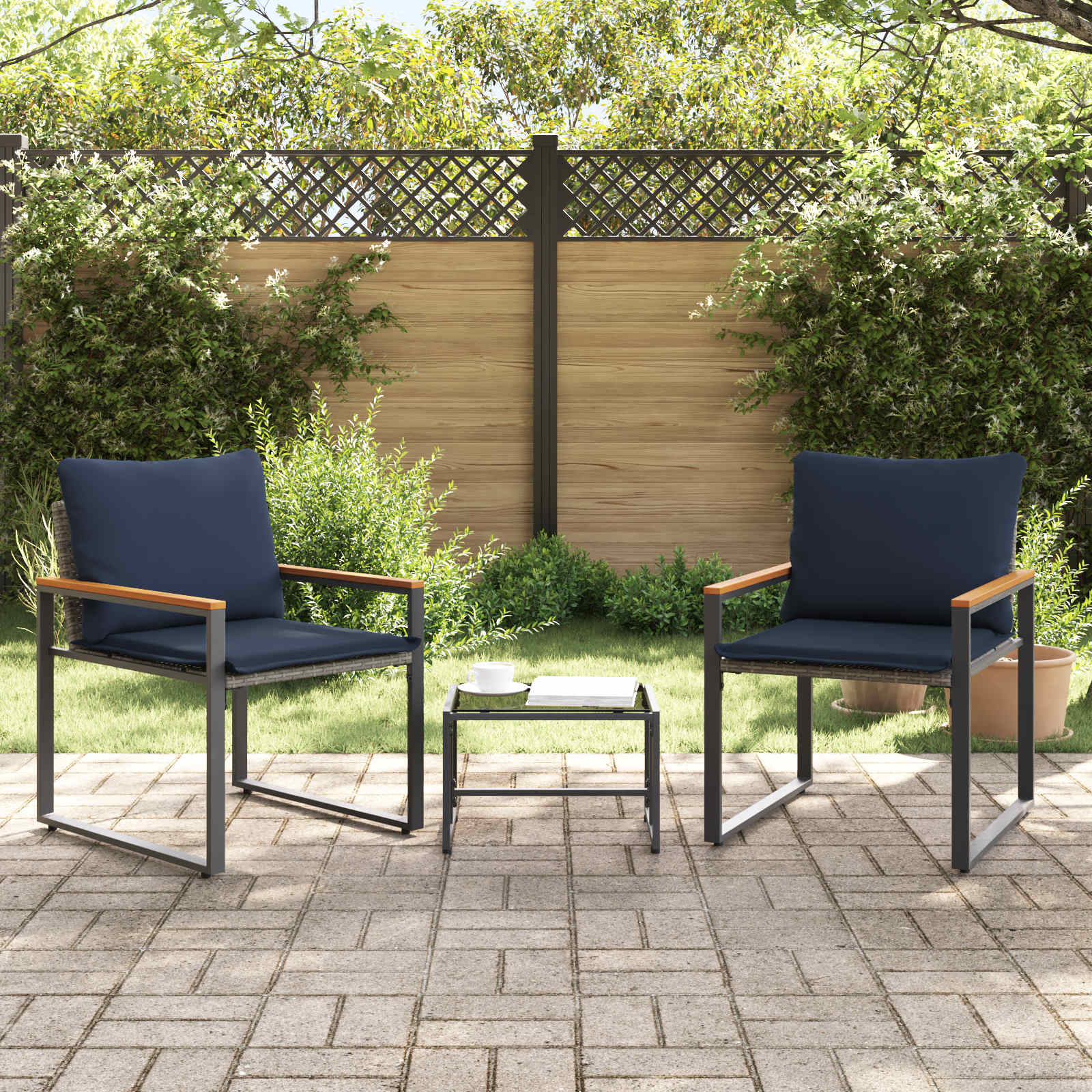 Möbelsets 3 stk. Grau und Marineblau Rattan