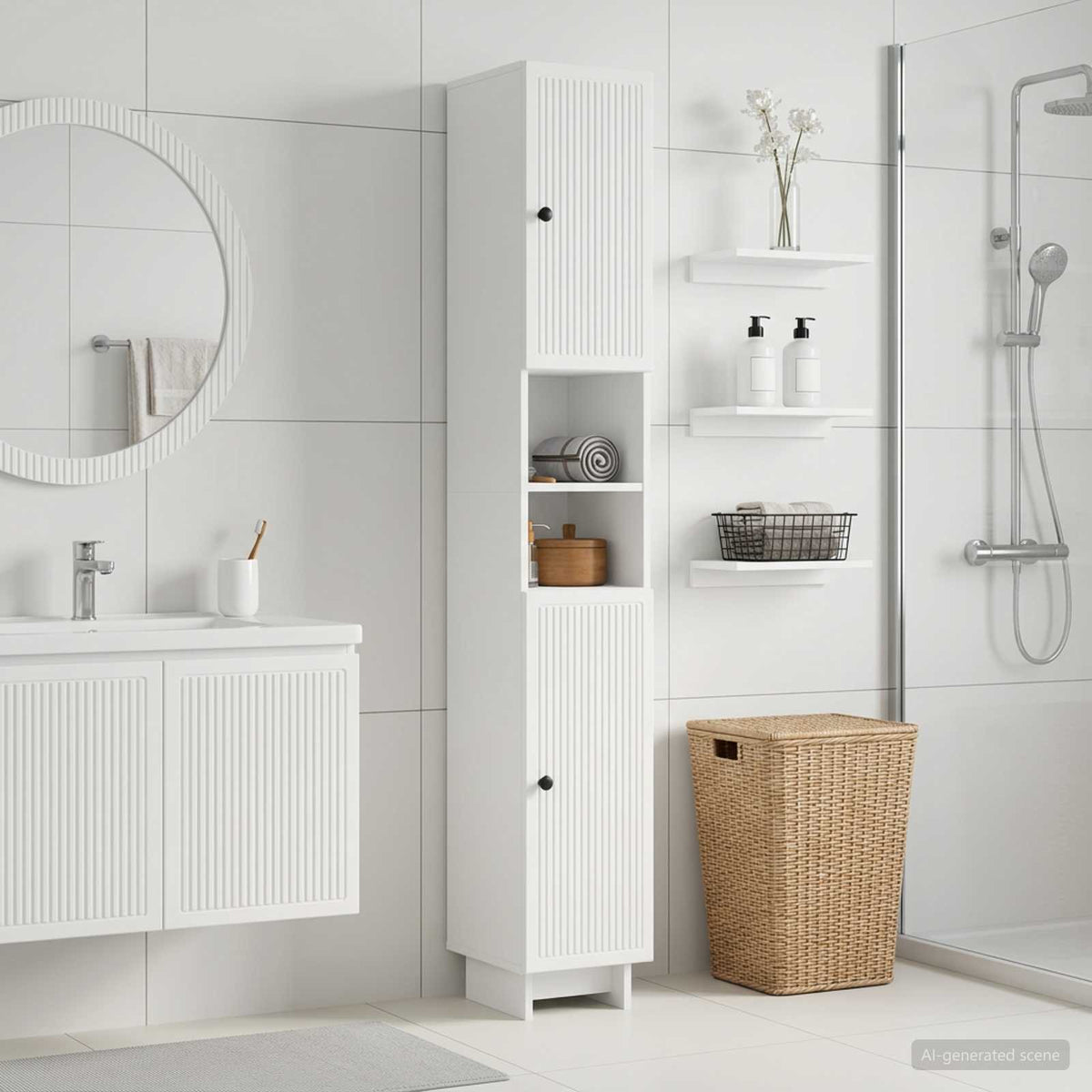Badezimmerschrank mit offenem Regal EDE Weiß 30 x 31 x 190 cm