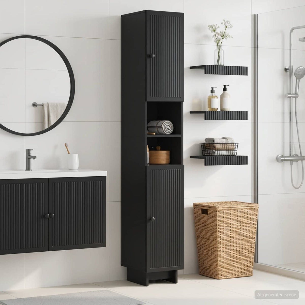 Badezimmerschrank mit offenem Regal EDE Schwarz