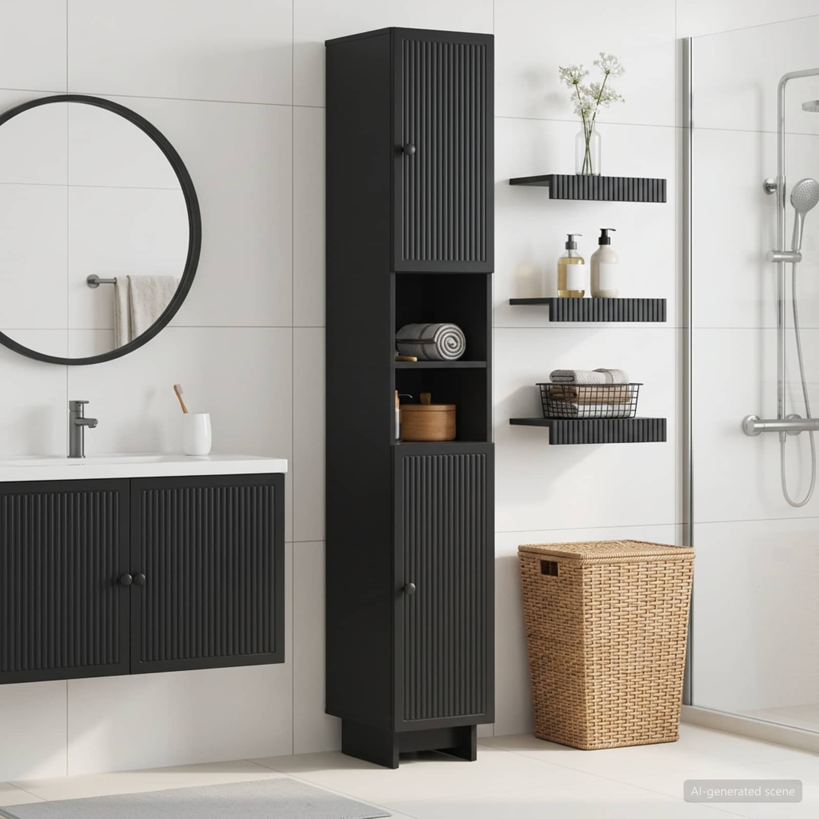 Badezimmerschrank mit offenem Regal EDE Schwarz
