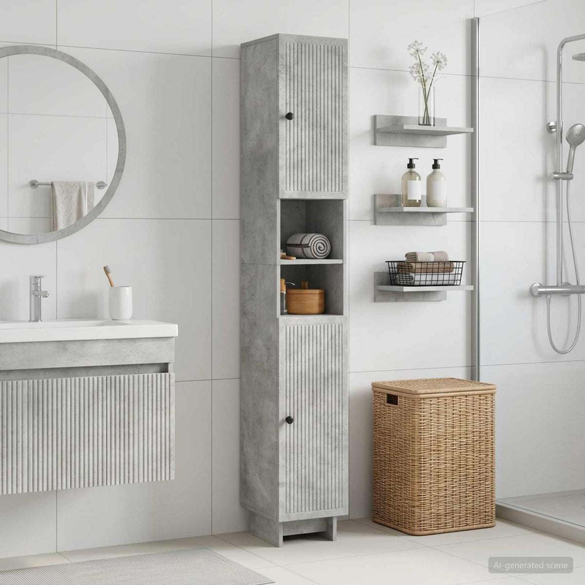Badezimmerschrank mit offenem Regal EDE Betongrau