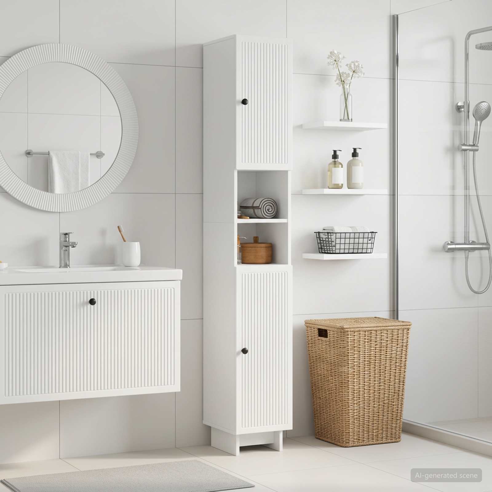 Badezimmerschrank mit offenem Regal EDE Hochglanz Weiß