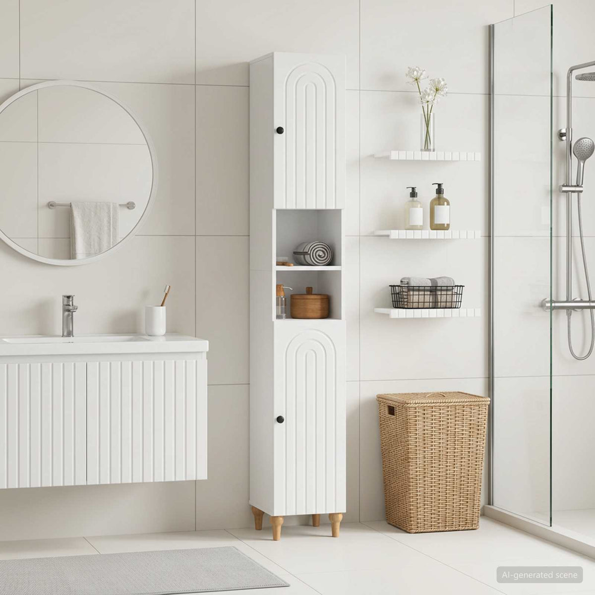 Badezimmerschrank mit offenem Regal ALKMAAR Hochglanz Weiß