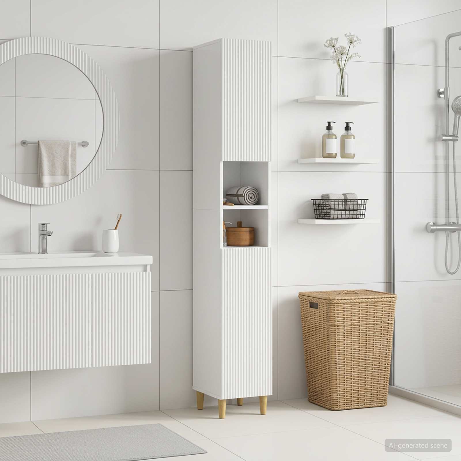 Badezimmerschrank mit offenem Regal ARNHEM Hochglanz Weiß
