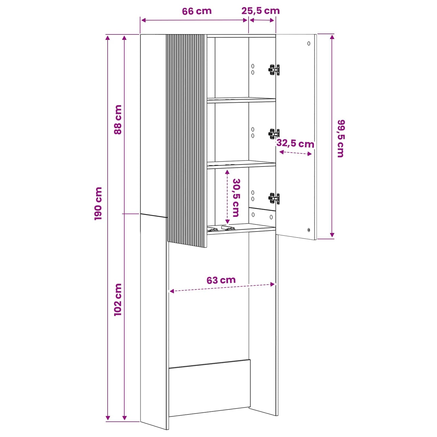 Toilettenschrank ARNHEM Hochglanz Weiß 66 x 25,5 x 190 cm