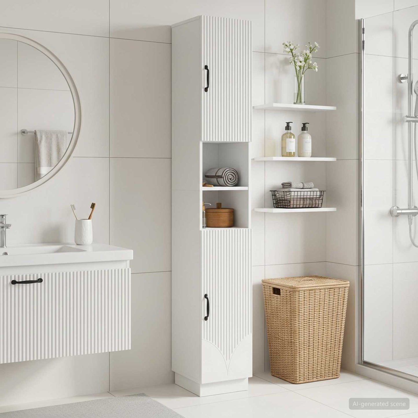 Badezimmerschrank mit offenem Regal HOORN Weiß 30 x 31 x 187 cm