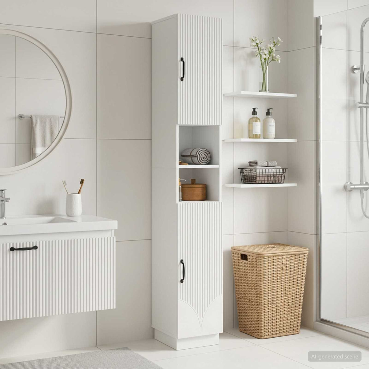 Badezimmerschrank mit offenem Regal HOORN Weiß 30 x 31 x 187 cm